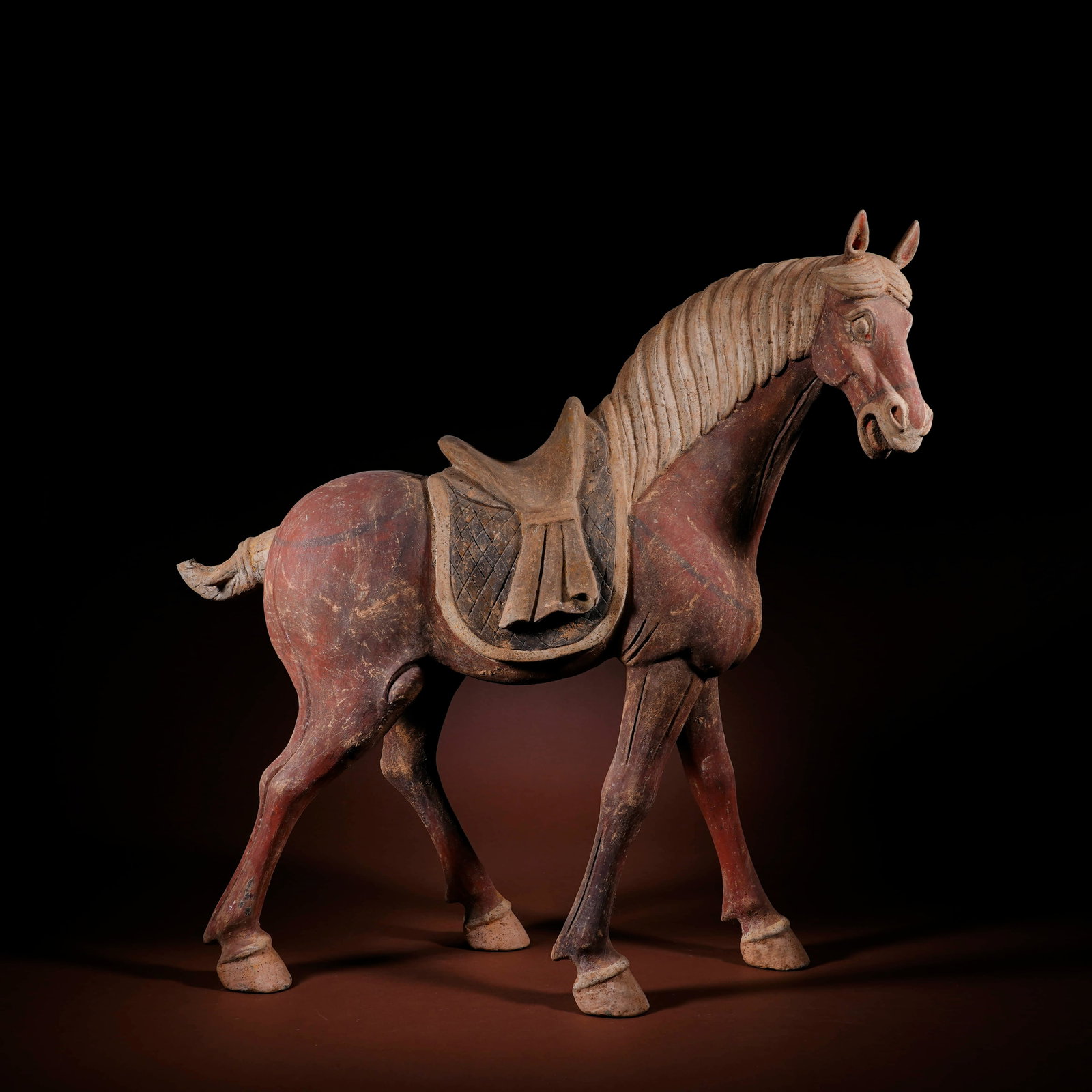 A Large red painted pottery walking horse, Tang Dynasty,TL tested - 2