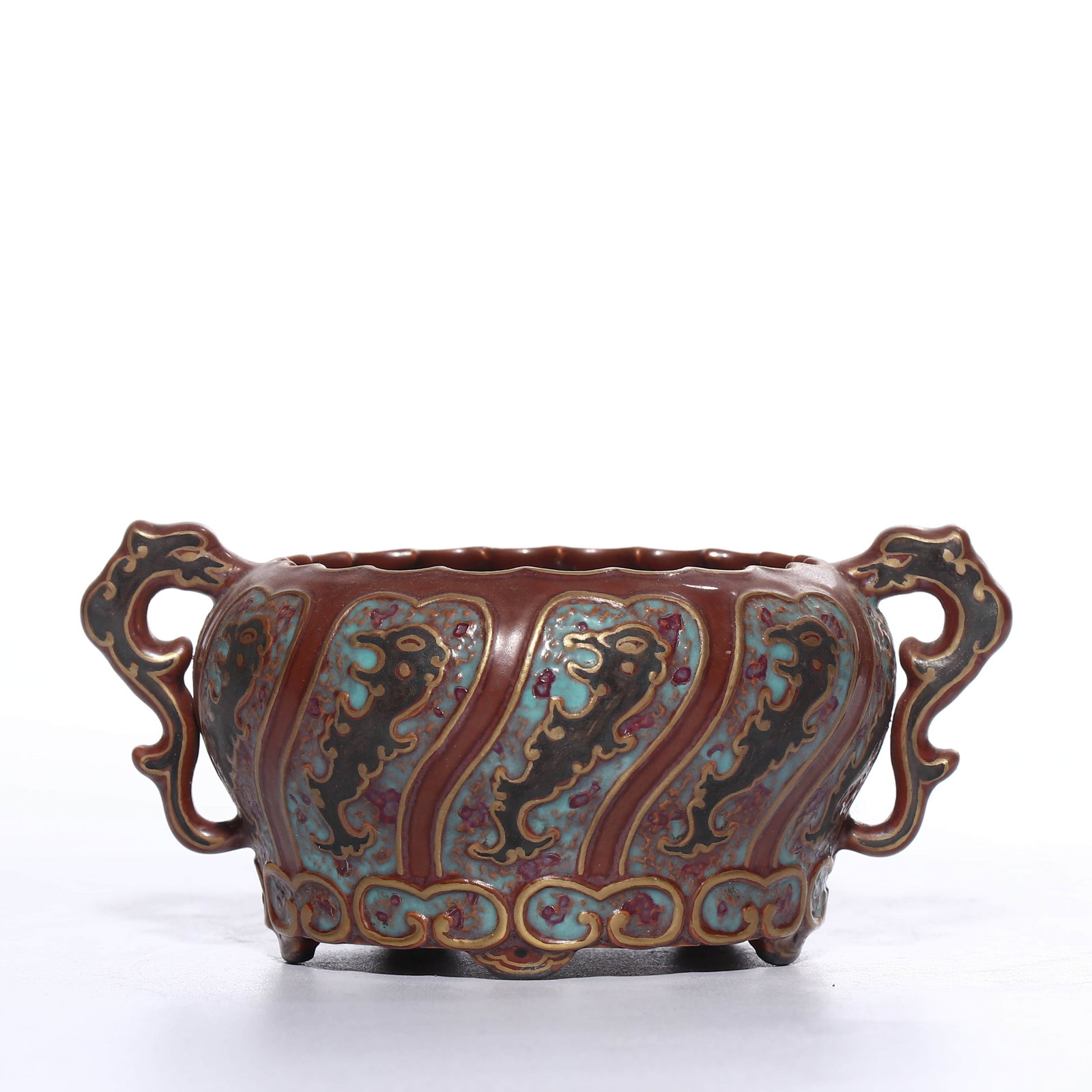 Qing gan long gu tong glaze gold-painted and phoenix-patterned double-ear furnace - 2