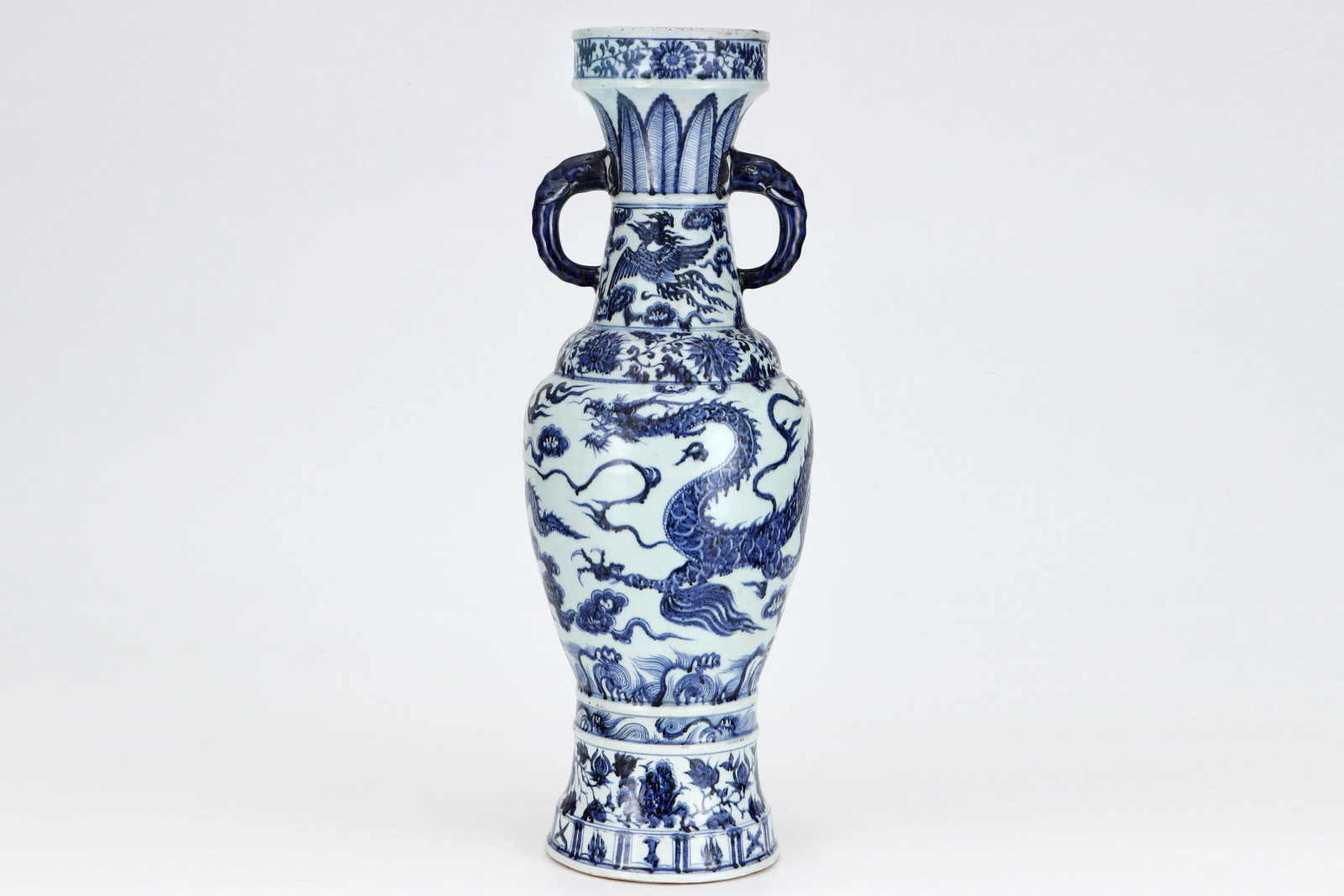 Yuan Blue and White Ear Bottle with Dragon and Phoenix Pattern - 2
