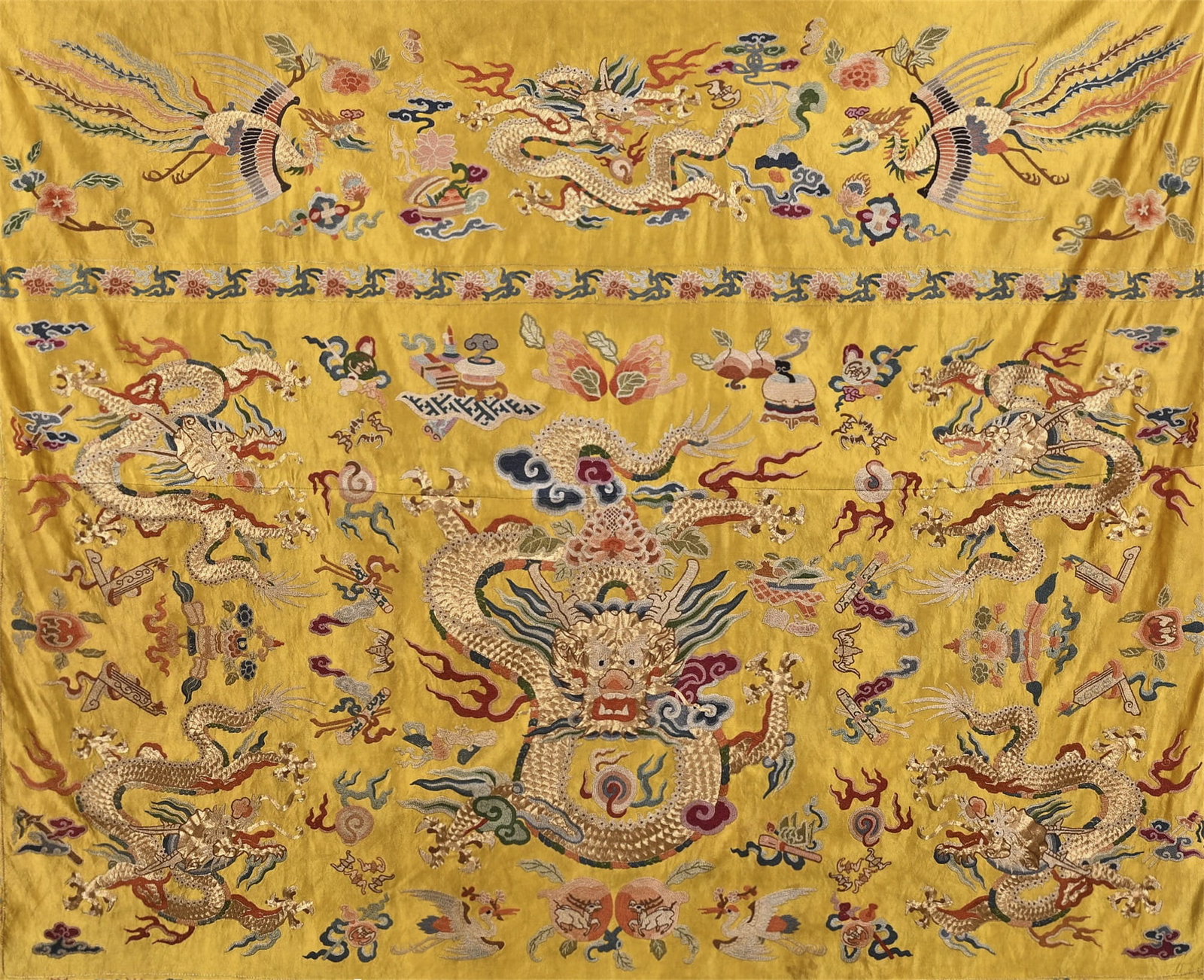 A CHINESE KESI 'BLESSINGS, LONGEVITY, DRAGON AND PHOENIX' FABRIC (1 of 7)