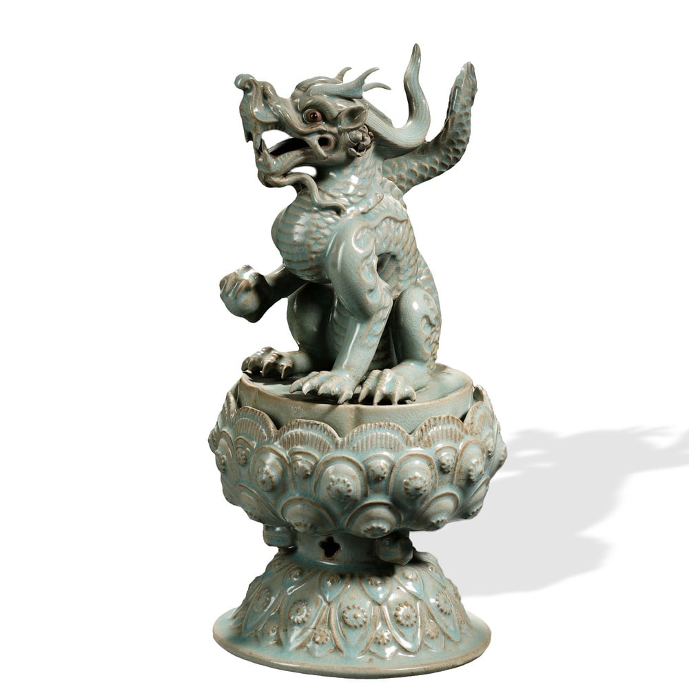 SONG RU WARE PALE CELADON SCULPTURAL 'DRAGON ON LOTUS THRONE' CENSER (1 of 5)