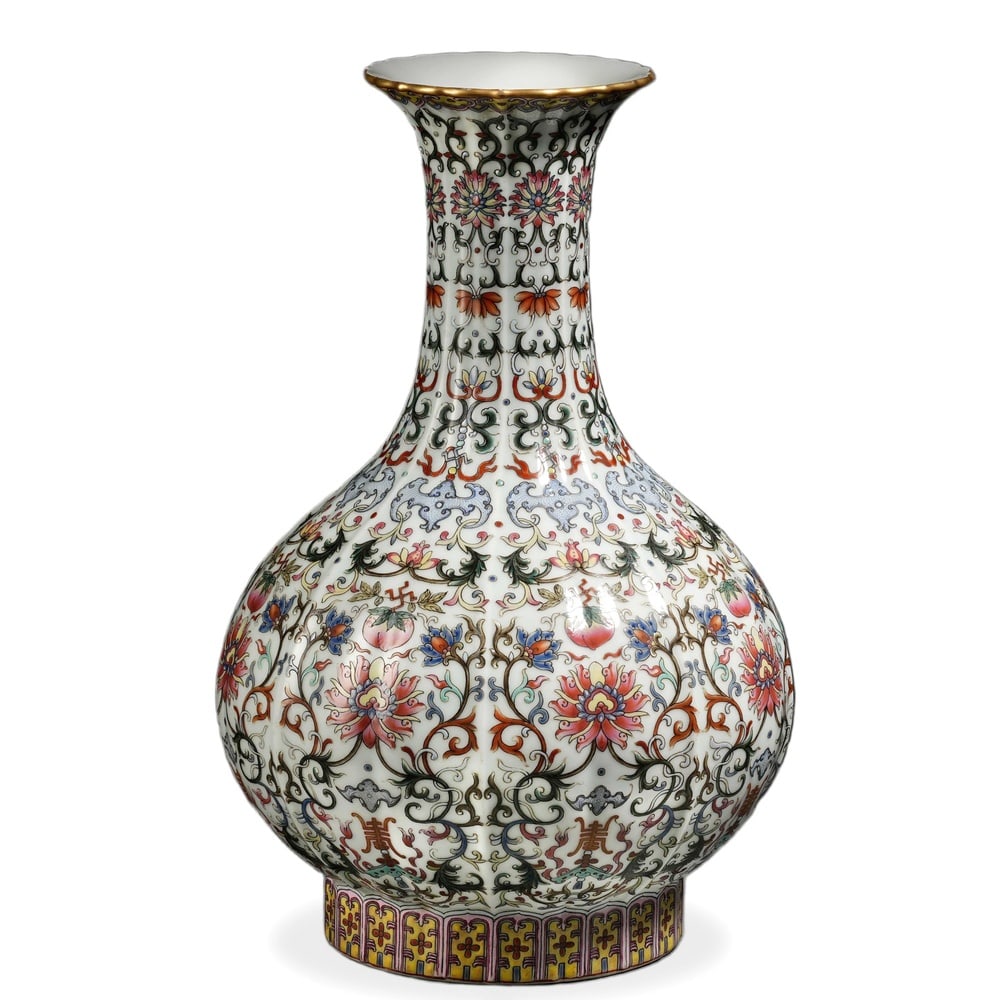 YONGZHENG FAMILLE ROSE 'LOTUS SCROLL AND SANSKRIT CHARACTERS' BOTTLE VASE (1 of 3)