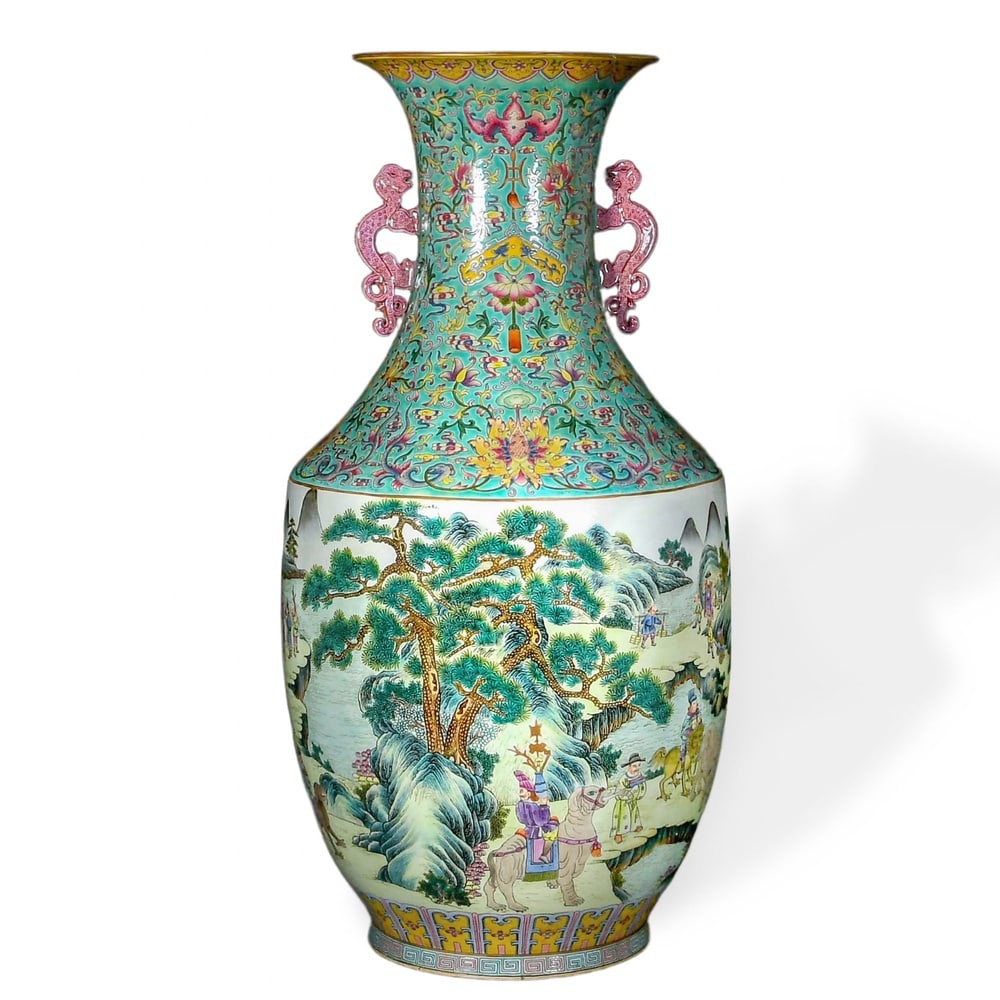 QIANLONG FAMILLE ROSE TWIN-HANDLED VASE WITH CONTINUOUS LANDSCAPE ON A TURQUOISE GROUND (1 of 3)