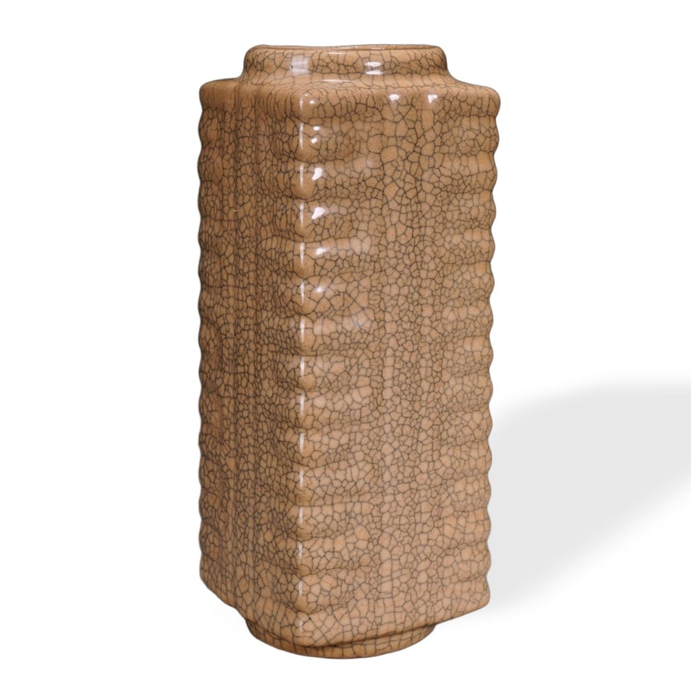 GE WARE CREAM-YELLOW GLAZED CONG-FORM VASE, INSCRIBED BY THE QIANLONG EMPEROR (1 of 3)