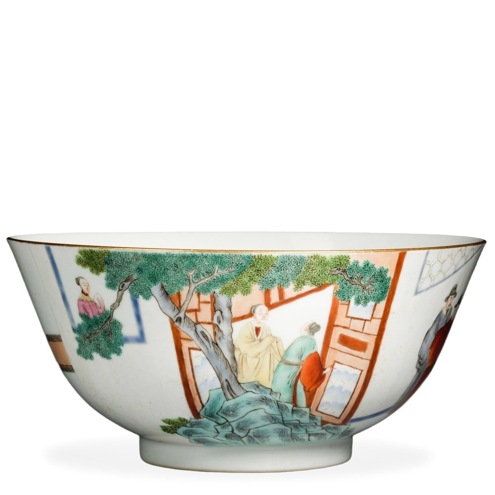 DAOGUANG FAMILLE ROSE 'GARDEN PAVILION SCENE' LARGE BOWL: Daoguang Famille Rose 'Garden Pavilion Scene' Large Bowl Dimensions: H: 4 in (10 cm); D: 8 1/8 in (20.5 cm) This generously proportioned bowl exemplifies the pictorial ambition of Daoguang-period