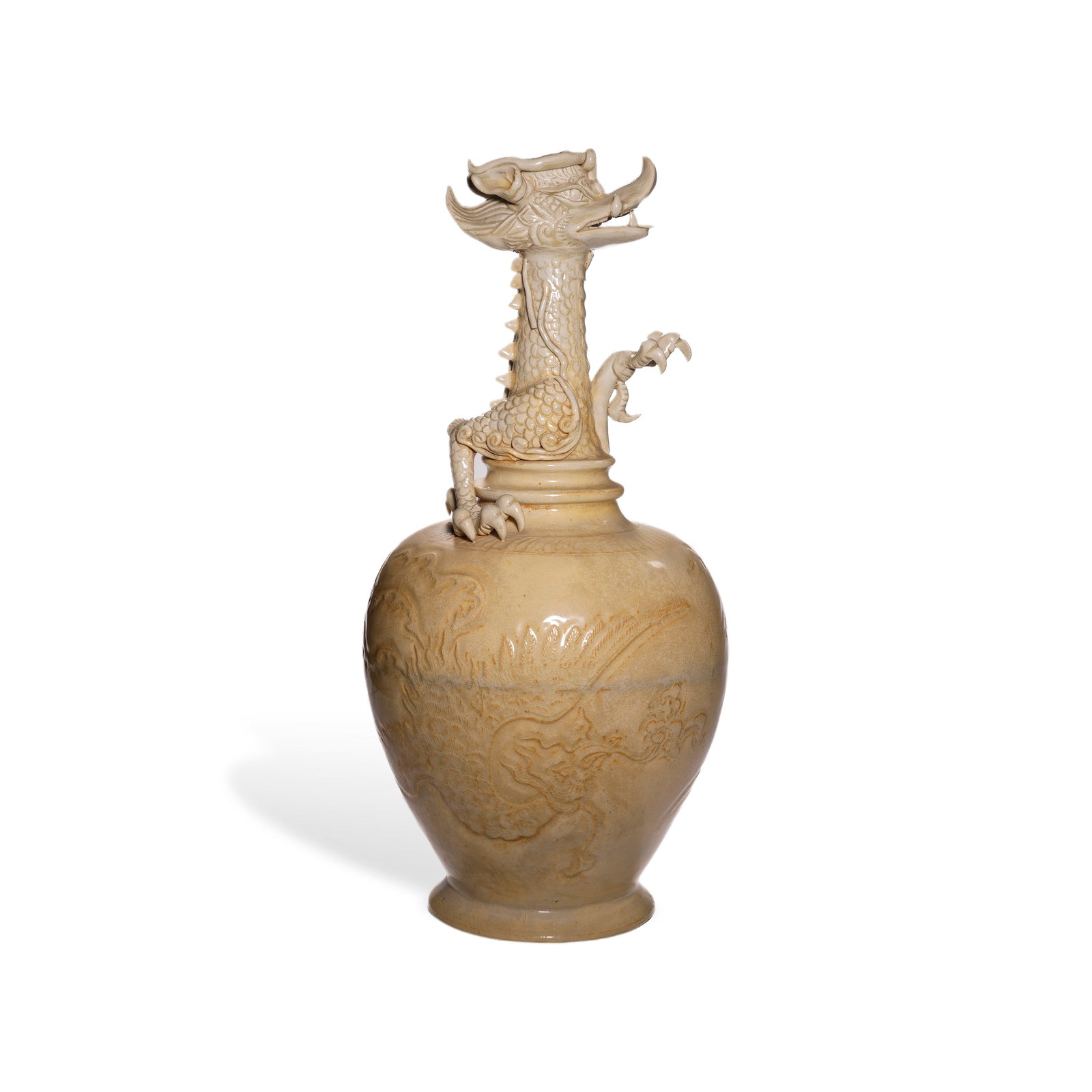 A CHINESE RAOZHOU QINGBAI 'DRAGON HEAD AND PHOENIX' WATER BOTTLE: This ceramic vase features a dish-shaped mouth, an elongated cylindrical neck, rounded shoulders, and an ovoid body tapering down to a flared foot. Its most distinctive feature is a dynamically