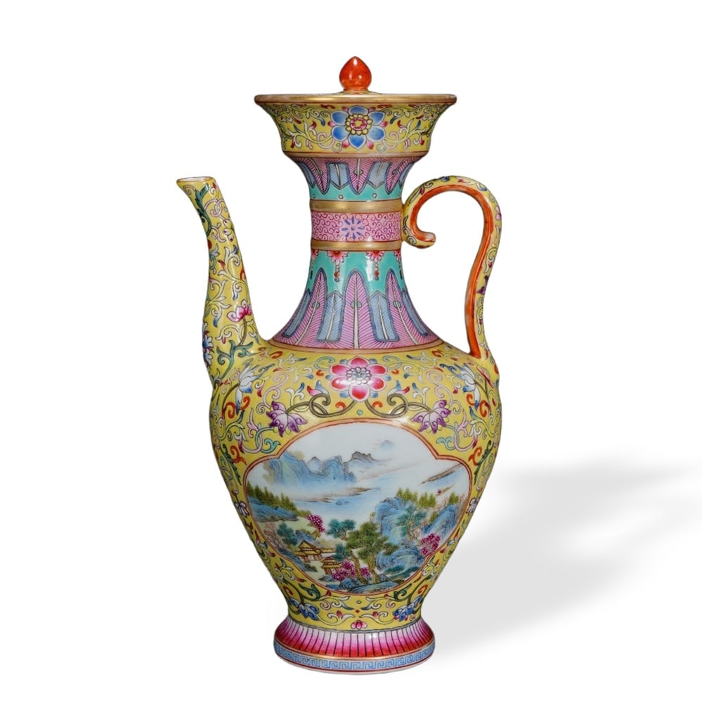 QIANLONG FAMILLE ROSE EWER WITH 'LANDSCAPE CARTOUCHE AND LOTUS SCROLL' ON YELLOW GROUND (1 of 3)