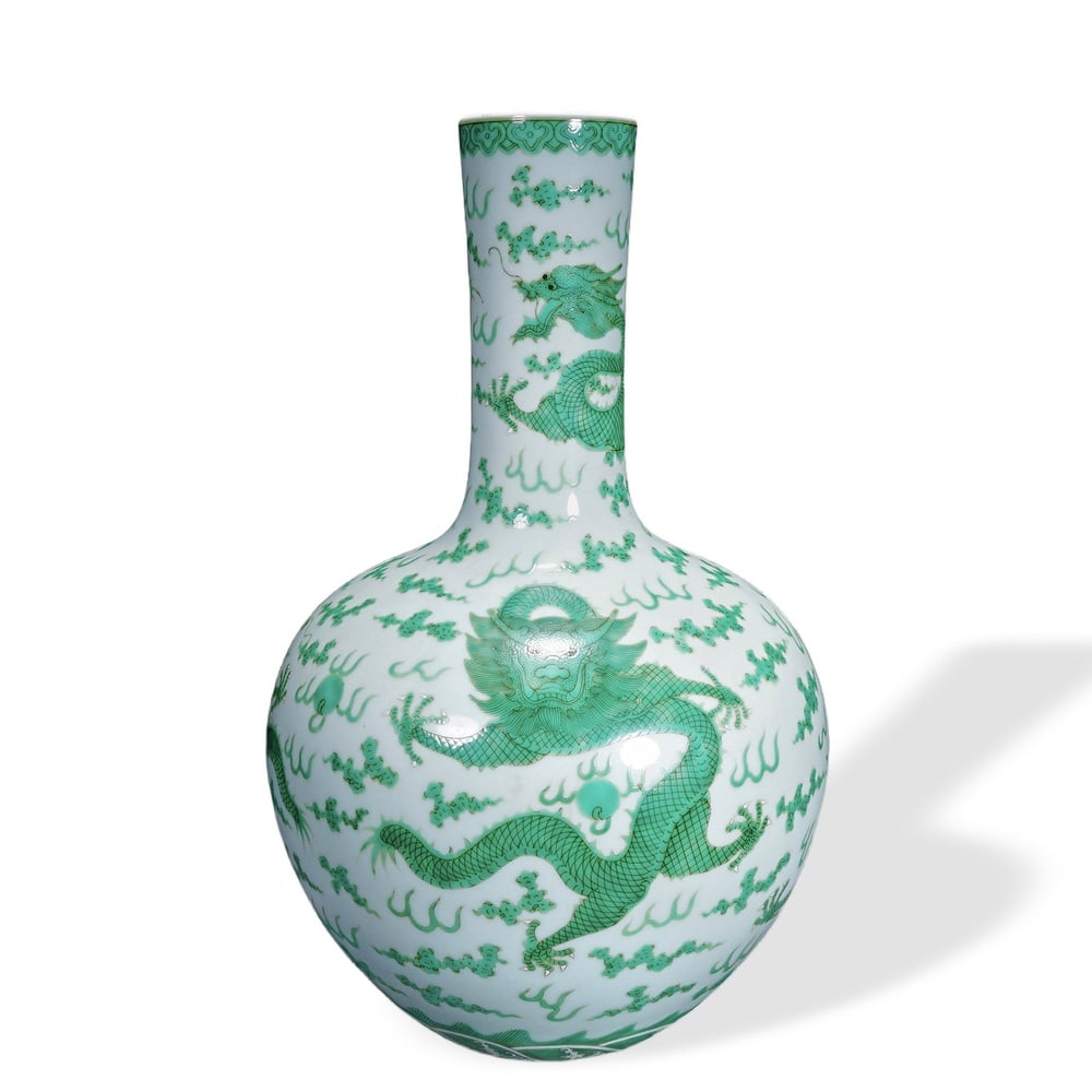 QIANLONG GREEN-ENAMEL 'DRAGONS AMONG CLOUDS' CELESTIAL GLOBE VASE (1 of 3)