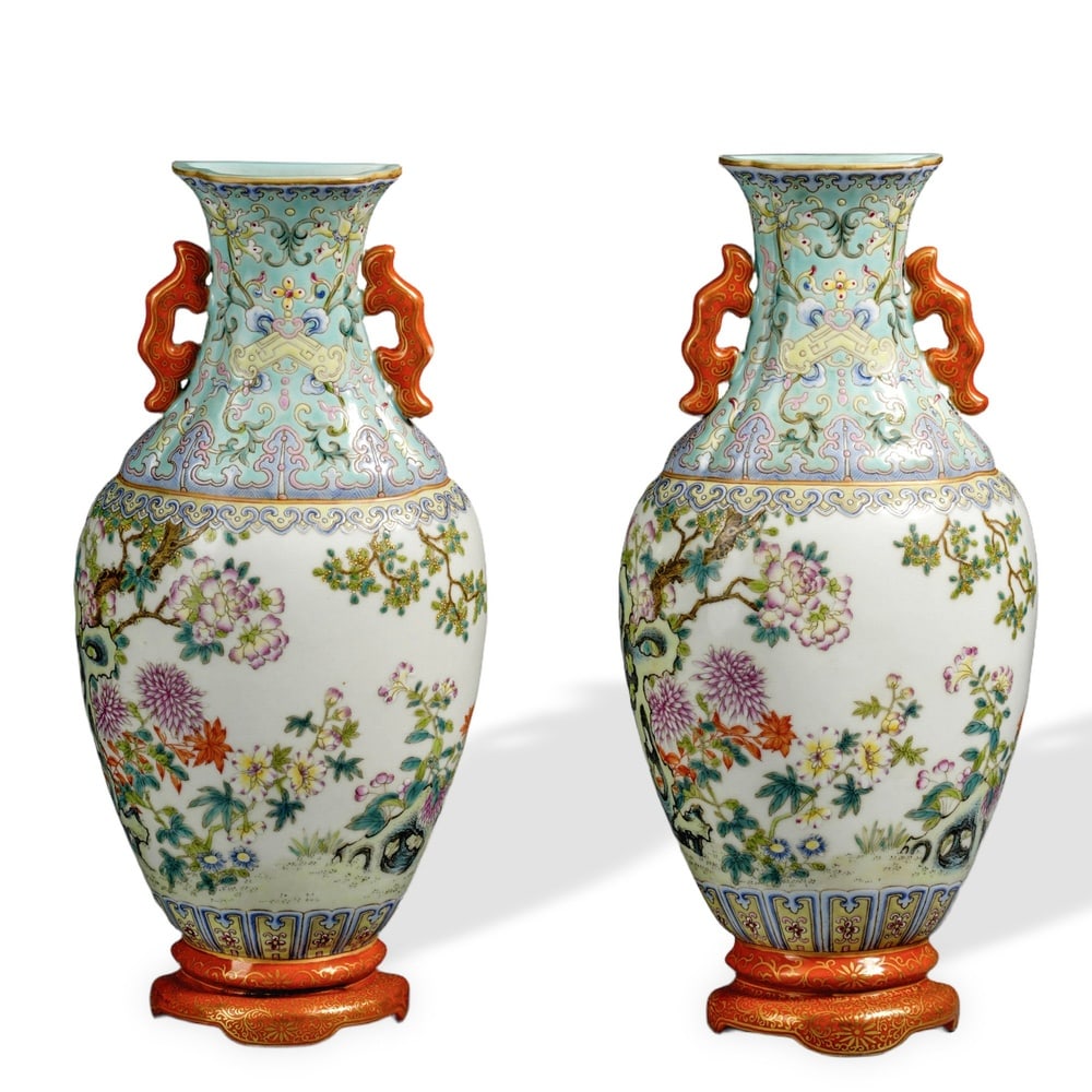 PAIR OF QIANLONG FAMILLE ROSE WALL VASES WITH FLORAL DECORATION ON TURQUOISE GROUND (1 of 4)