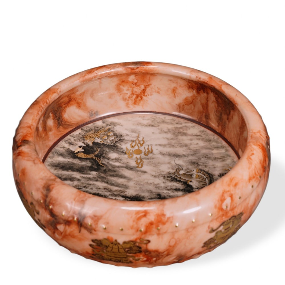 QIANLONG WOOD-GRAIN GLAZED BRUSH WASHER WITH GRISAILLE 'DRAGON AMONG CLOUDS' AND GILT EIGHT BUDDHIST (1 of 3)