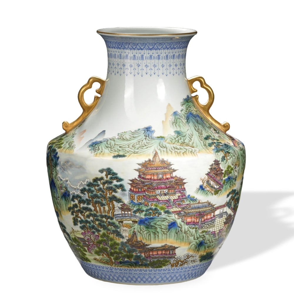 YONGZHENG FAMILLE ROSE 'CONTINUOUS LANDSCAPE WITH PAVILIONS' TWIN-HANDLED ZUN (1 of 3)