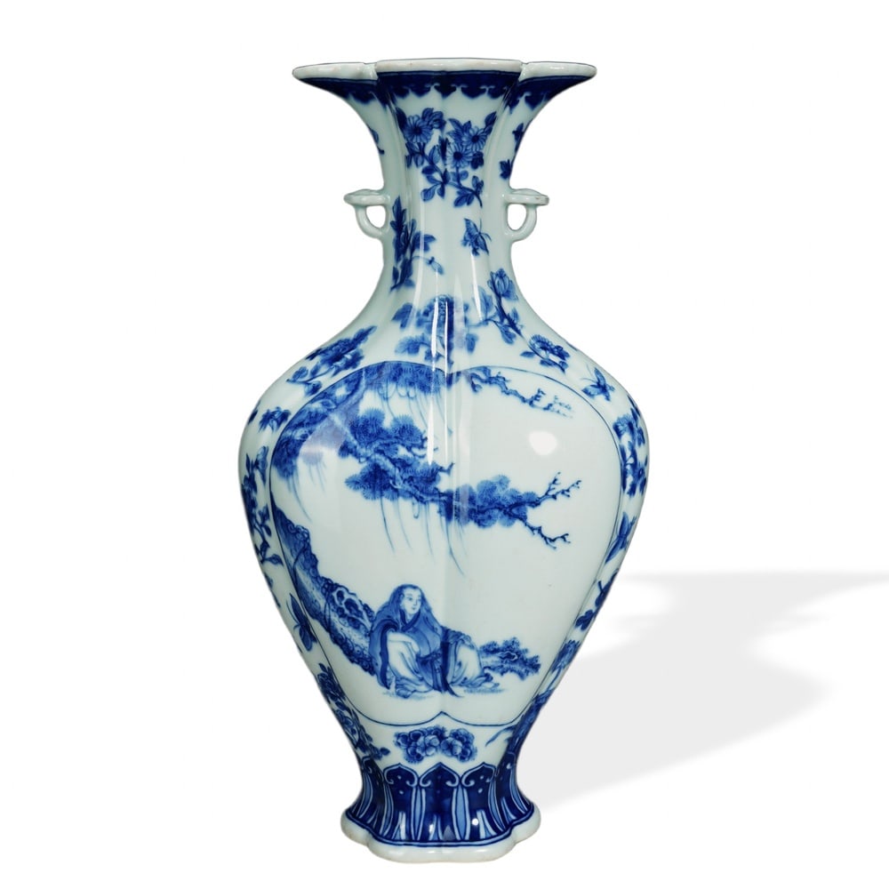 YONGZHENG BLUE AND WHITE PICTORIAL VASE WITH PETAL-FORM MOUTH AND RUYI HANDLES: Yongzheng Blue and White Pictorial Vase with Petal-Form Mouth and Ruyi Handles Dimensions: H: 11 in (28 cm); W: 5 1/2 in (14 cm) This refined vase exemplifies the elegant proportions of