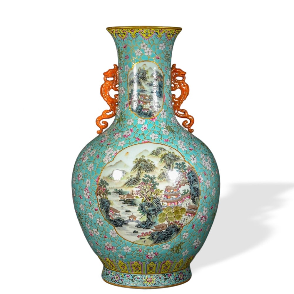 QIANLONG FAMILLE ROSE TWIN-HANDLED VASE WITH 'LANDSCAPE AND FIGURAL SCENE' CARTOUCHES ON TURQUOISE: Qianlong Famille Rose Twin-Handled Vase with 'Landscape and Figural Scene' Cartouches on Turquoise Cracked-Ice Ground Dimensions: H: 23 1/4 in (59 cm); W: 14 1/2 in (37 cm) This monumental twin-handle