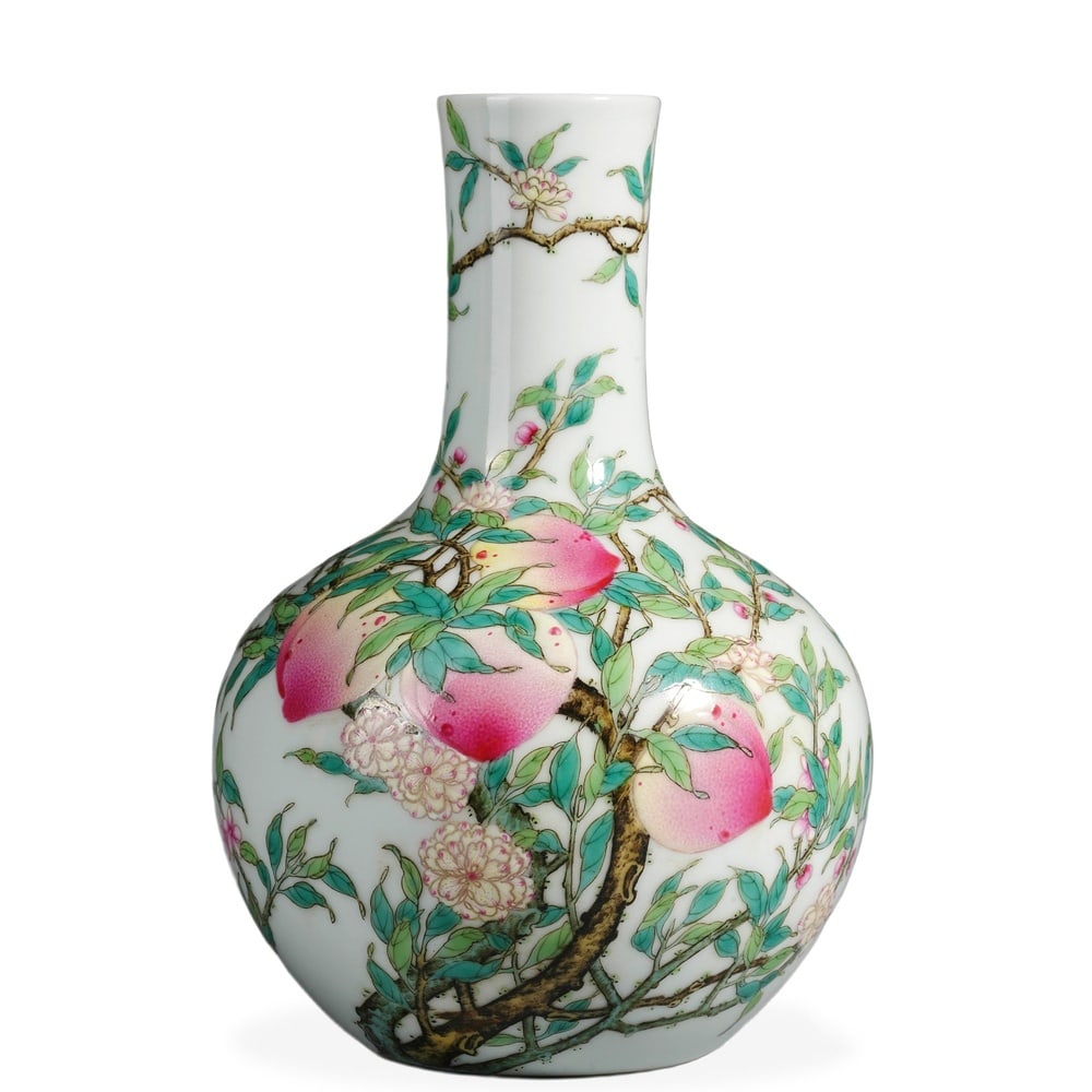 YONGZHENG FAMILLE ROSE 'BATS AND PEACHES' SMALL CELESTIAL GLOBE VASE (1 of 3)