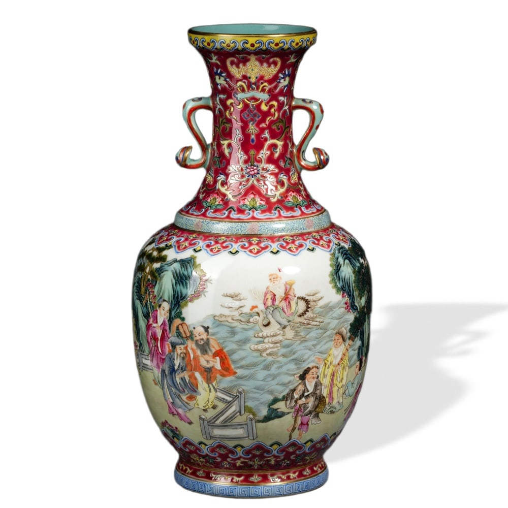 JIAQING FAMILLE ROSE 'EIGHT IMMORTALS AT THE PEACH BANQUET' VASE WITH RUYI HANDLES (1 of 2)