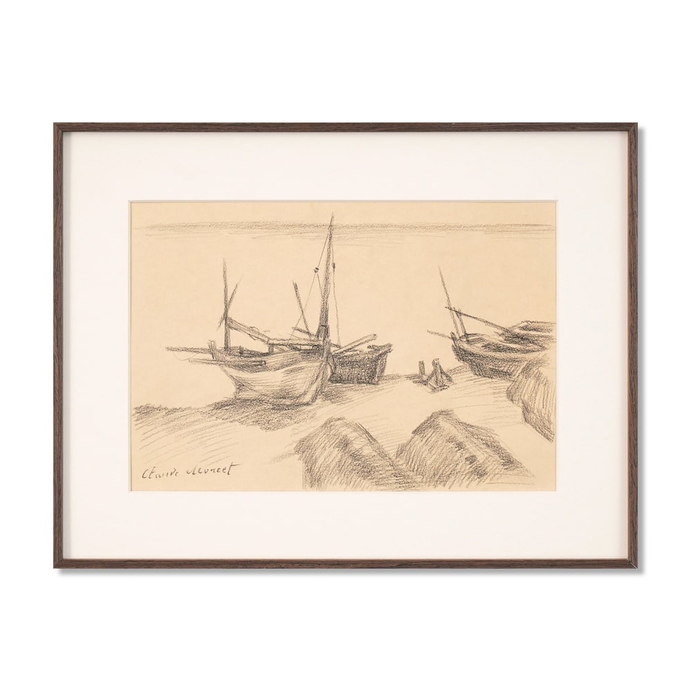 CLAUDE MONET (1840-1926), ATTRIBUTED TO, PENCIL ON PAPER: Signed (lower left) Image Dimensions: 12 1/4 x 8 1/4 in (31 x 21 cm) Framed Dimensions: 16 3/8 x 12 3/8 in (41.5 x 31.5 cm) This painting comes with COA. "Bateaux sur la plage" (1860) is one of Claude
