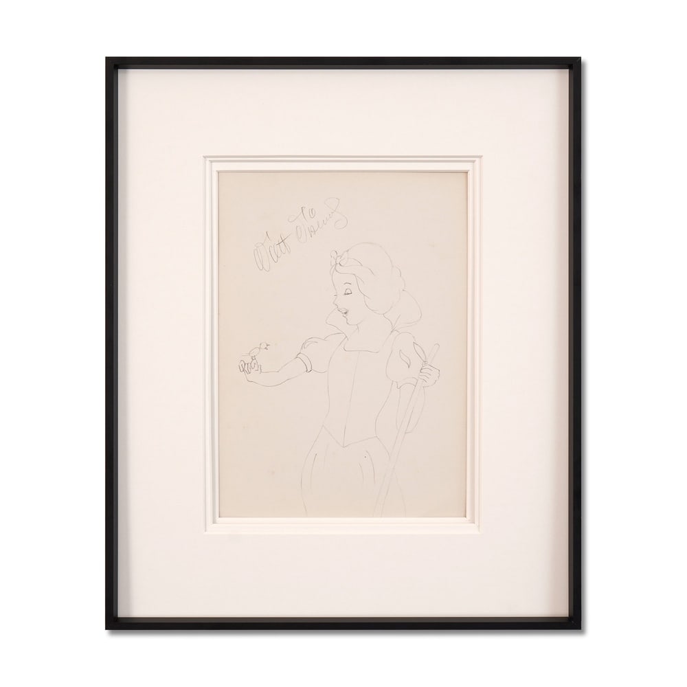 WALT DISNEY SIGNED DRAWING: Image Dimensions: 7 1/2 x 10 3/8 in (19 x 26.2 cm) Frame Dimensions: 14 1/8 x 17 in (35.8 x 43.2 cm) Provenance and Authentication: This collectible has undergone a rigorous forensic evaluation. The