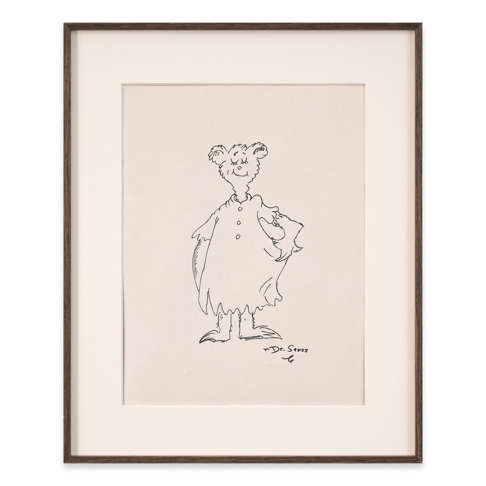 DR. SEUSS SIGNED SKETCH: Image Dimensions: 11 3/4 x 8 7/8 in (29.7 x 22.5 cm) Framed Dimensions: 16 1/8 x 13 1/4 in (41 x 33.5 cm) Provenance and Authentication: This collectible has undergone a rigorous forensic evaluation. 