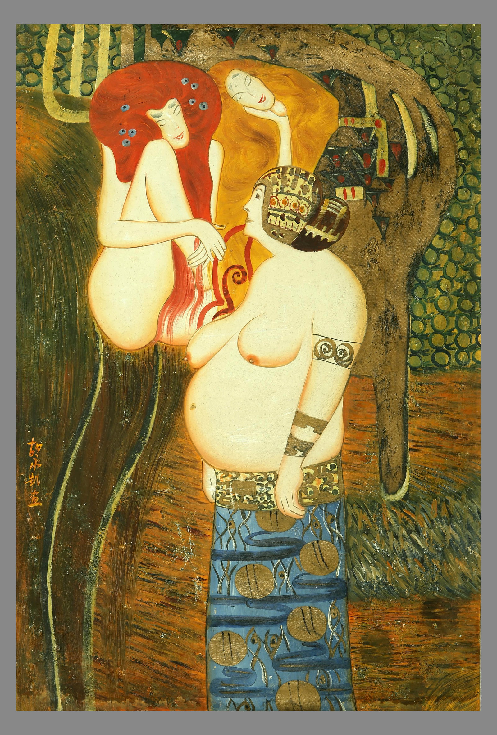 Hu Yongkai figures: 90 by 61 oil painting on colored canvas