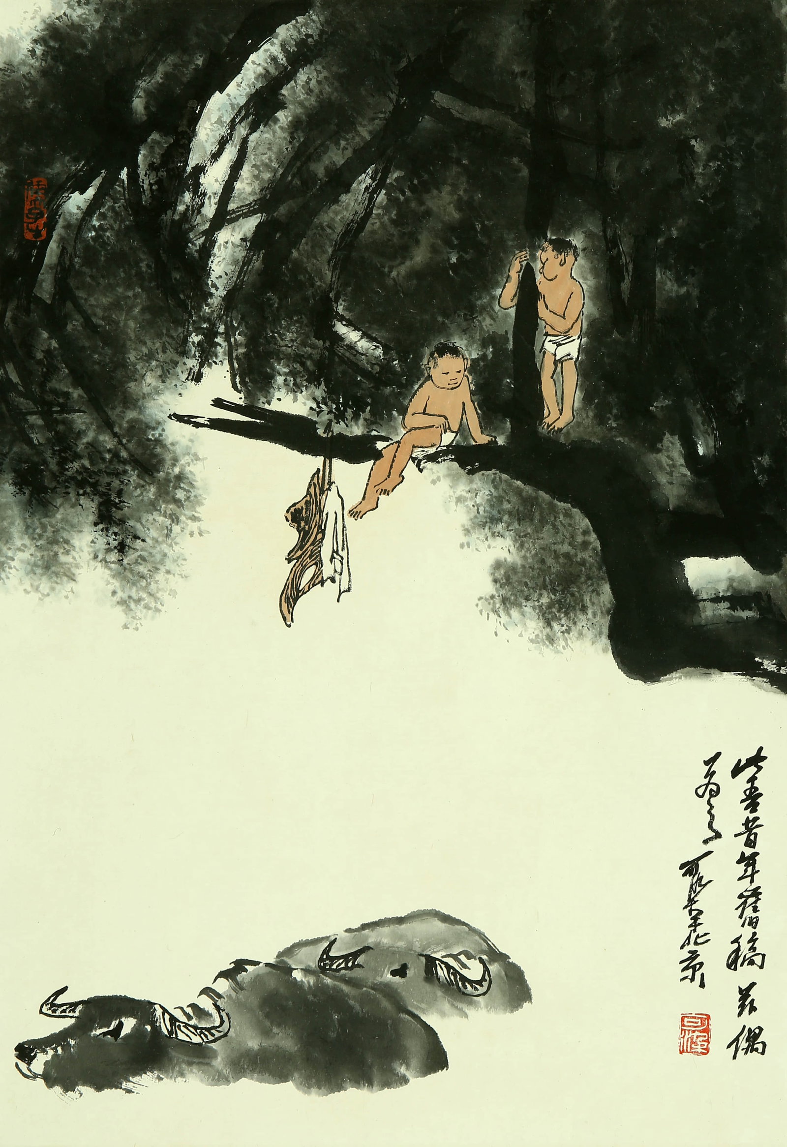 Li Keran herding cattle: 67by47 colored paper vertical axis