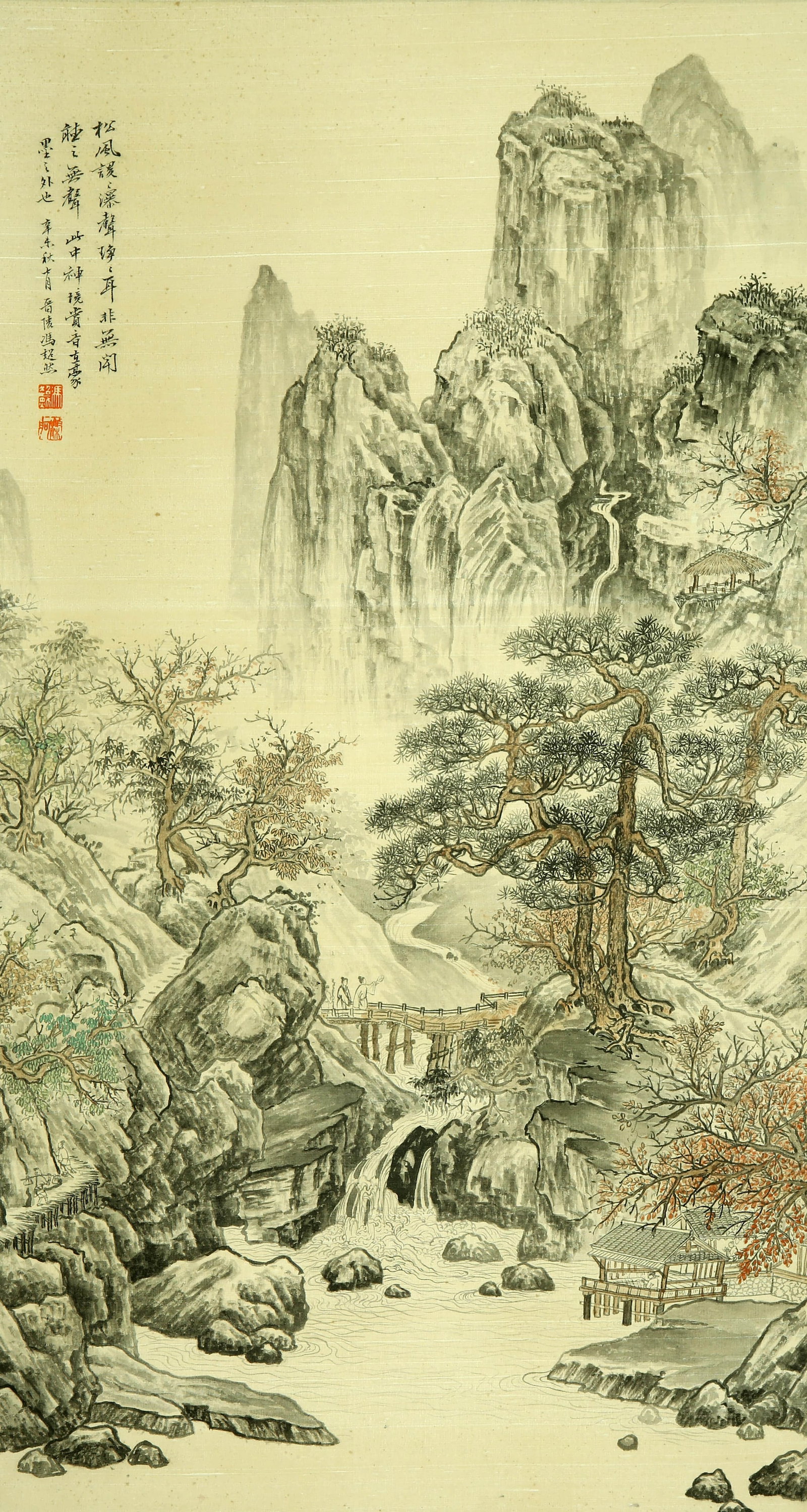 Feng Chaoran Waterfall View Map: 93by50 colored silk vertical shaft