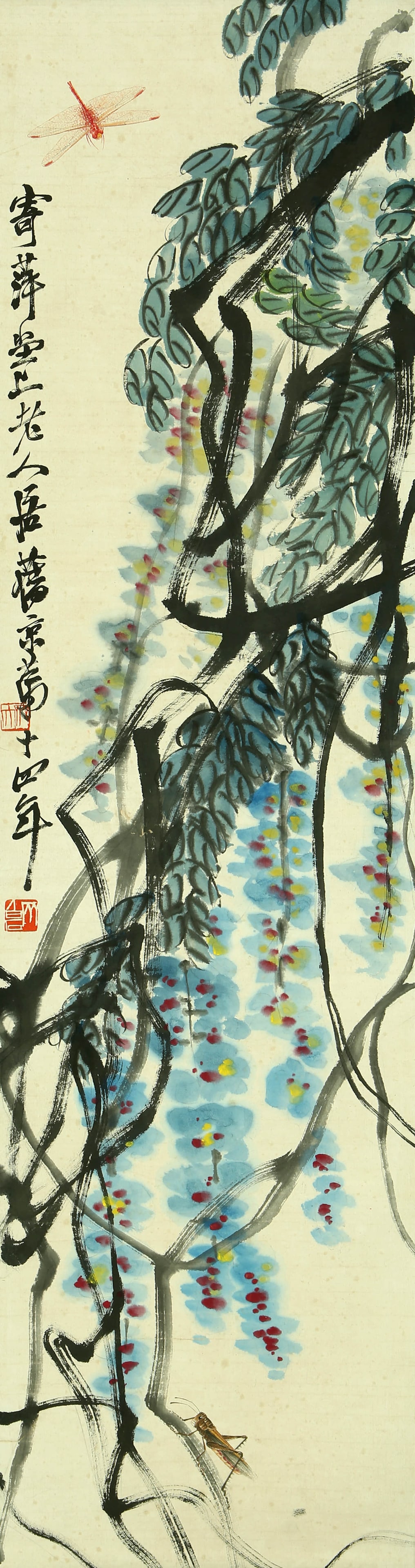 Qi Baishi wisteria bee: 124by33 colored paper vertical shaft