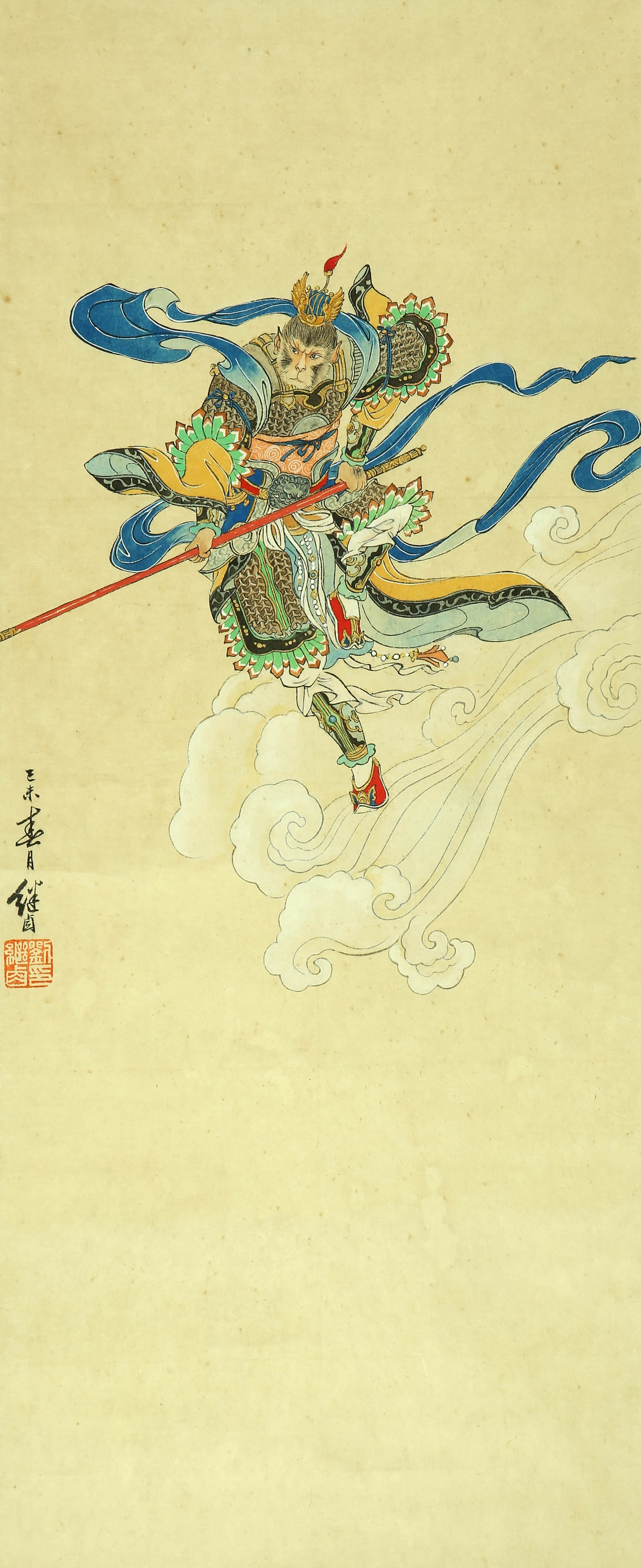 Liu Jiyou Qitian Dasheng: 74by29 colored paper vertical shaft