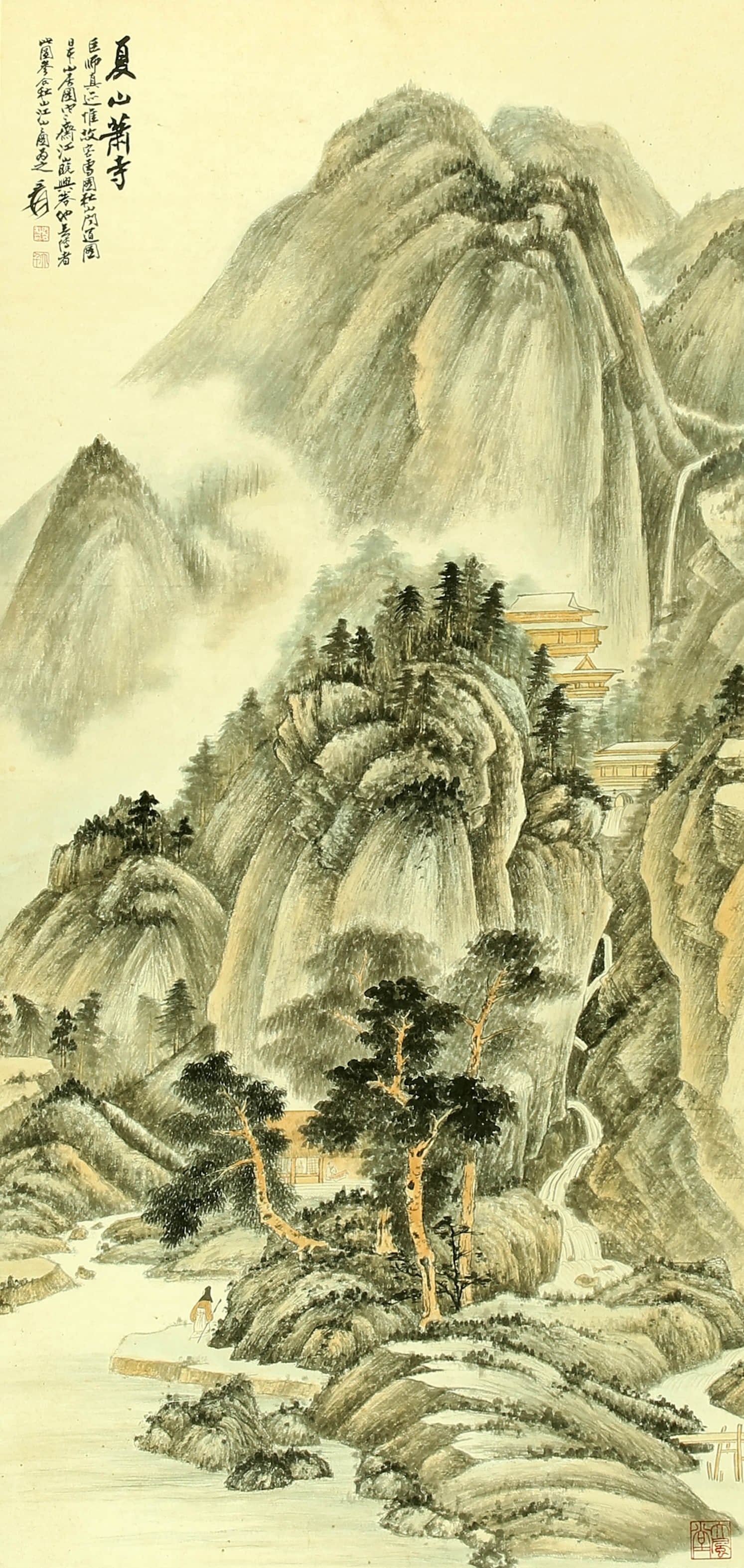 ZhangDaqian Xiashanxiao Temple: 119by55 colored paper vertical shaft