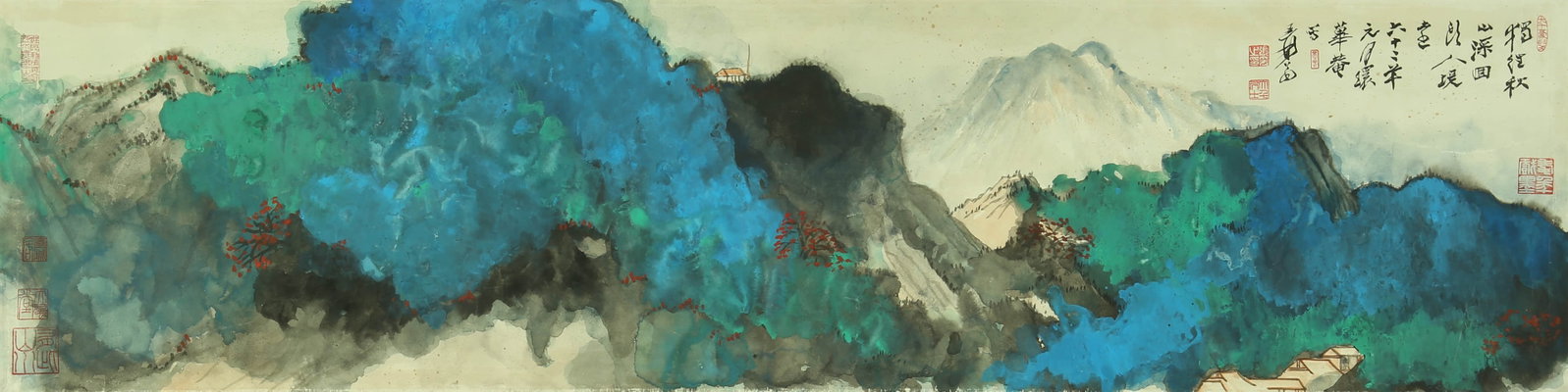 Zhang Daqian splashed colorful landscapes.: 32by131 colored paper lens