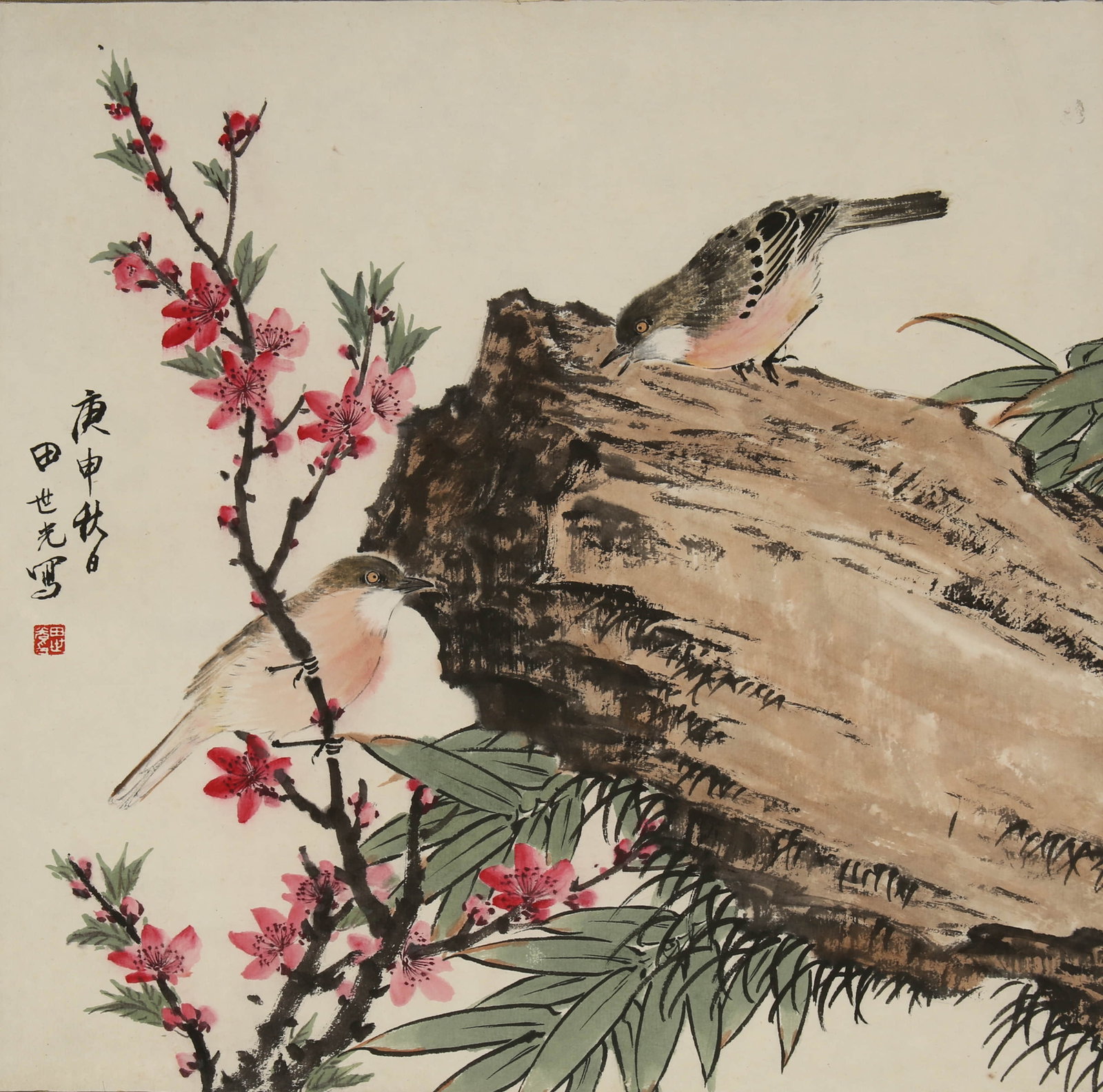 Tian Shiguang flower and bird: 32by32 colored paper vertical axis