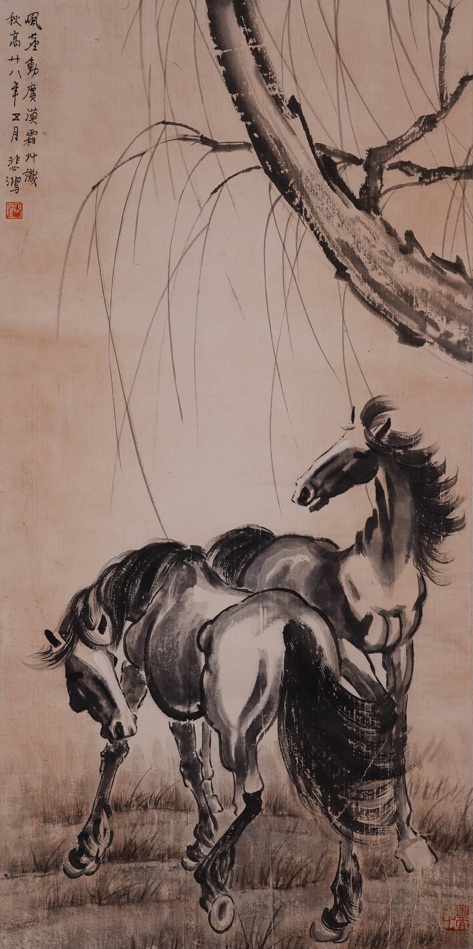 Xu Beihong's double-jun map: 100by51 vertical axis of ink and wash paper