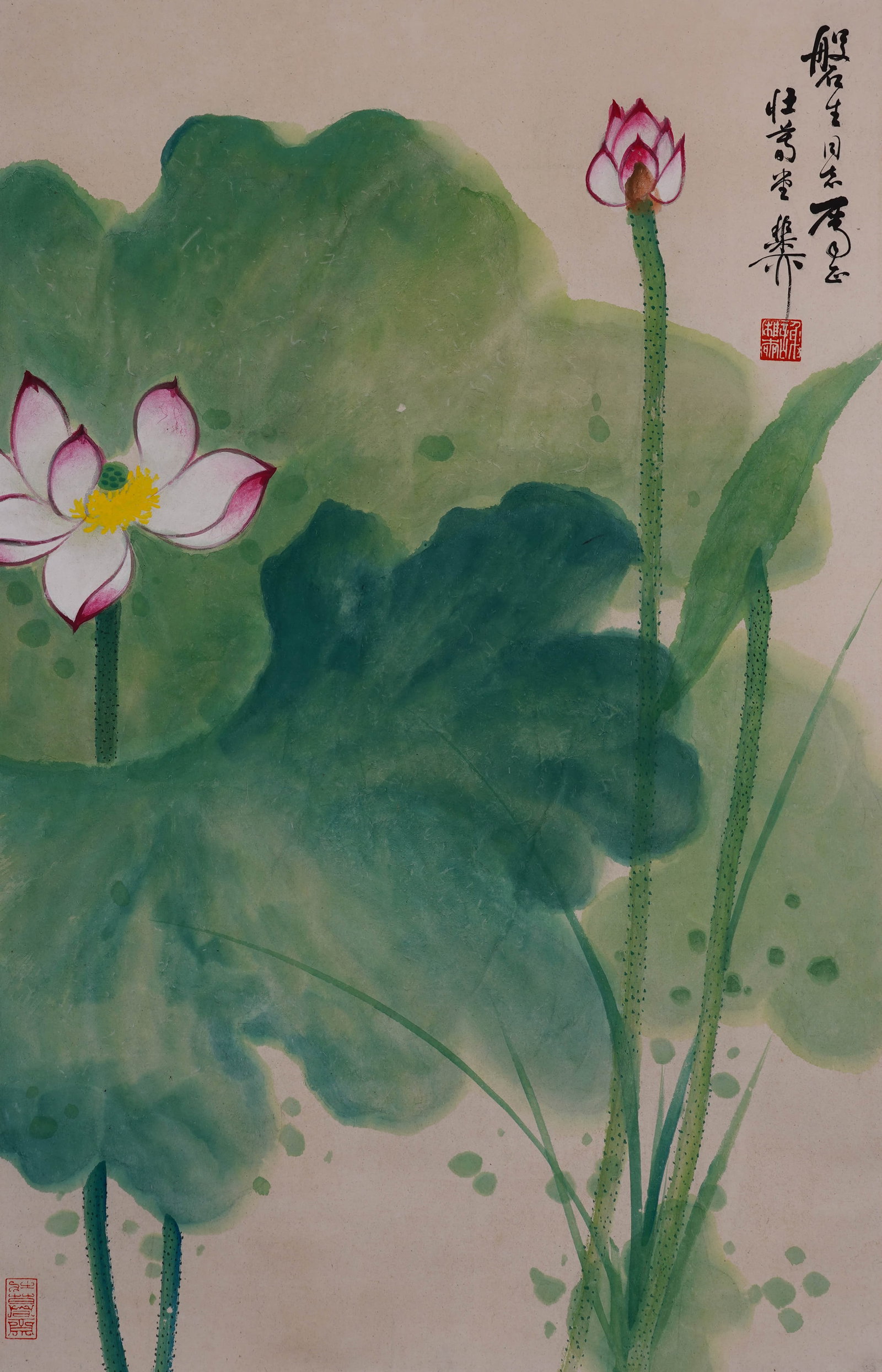 Xie Zhiliu lotus: 67.5by43.5 vertical axis of colored paper