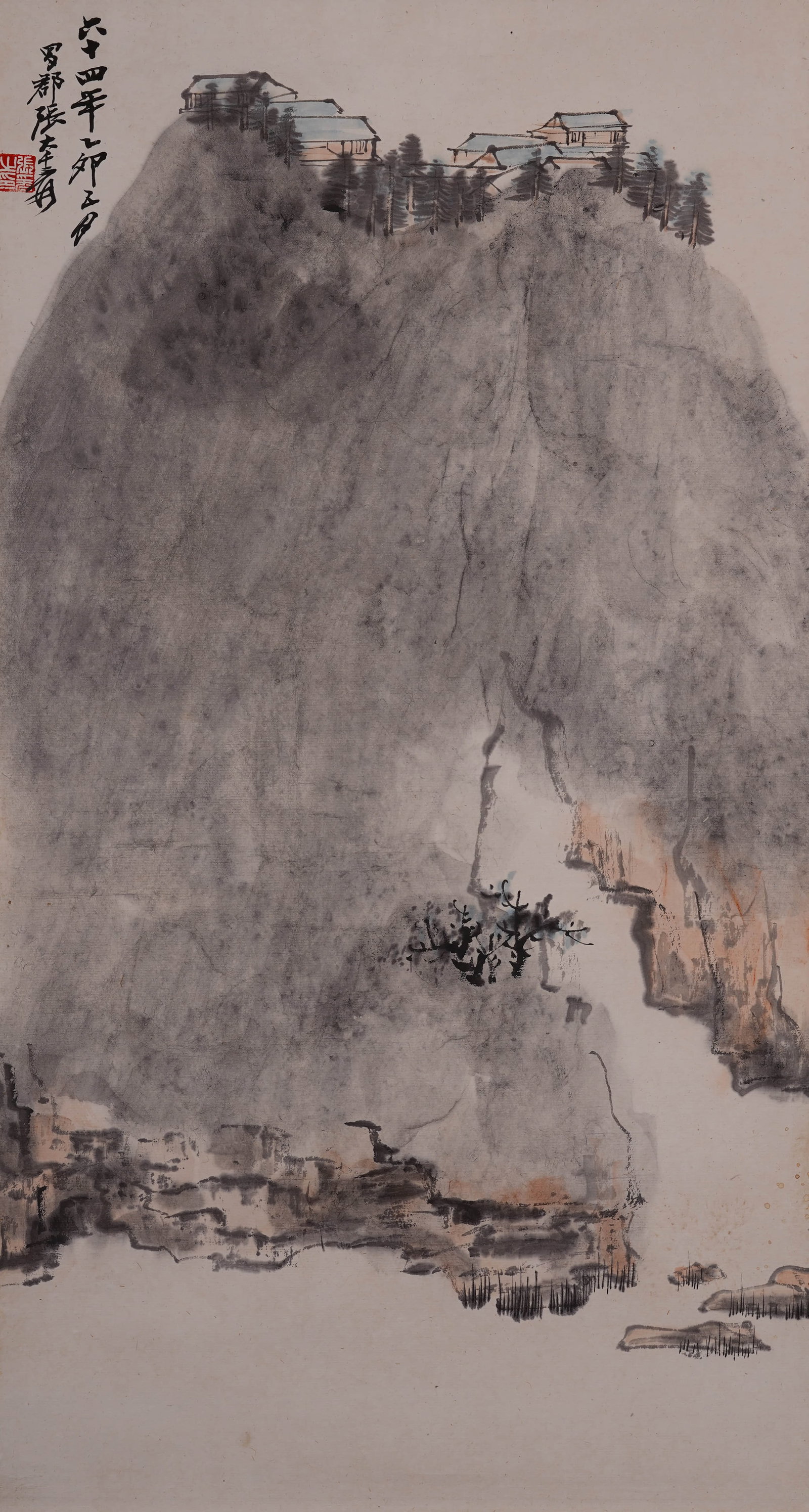 Zhang Daqian's seclusion map: 60.5by32.5 vertical axis of colored paper