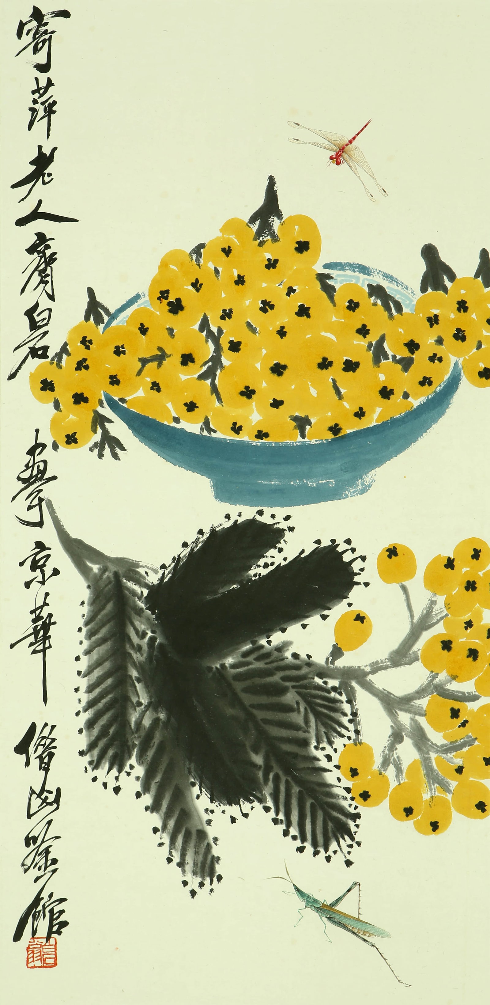Qi Baishi pipa grass worm: 68by33 colored paper vertical axis