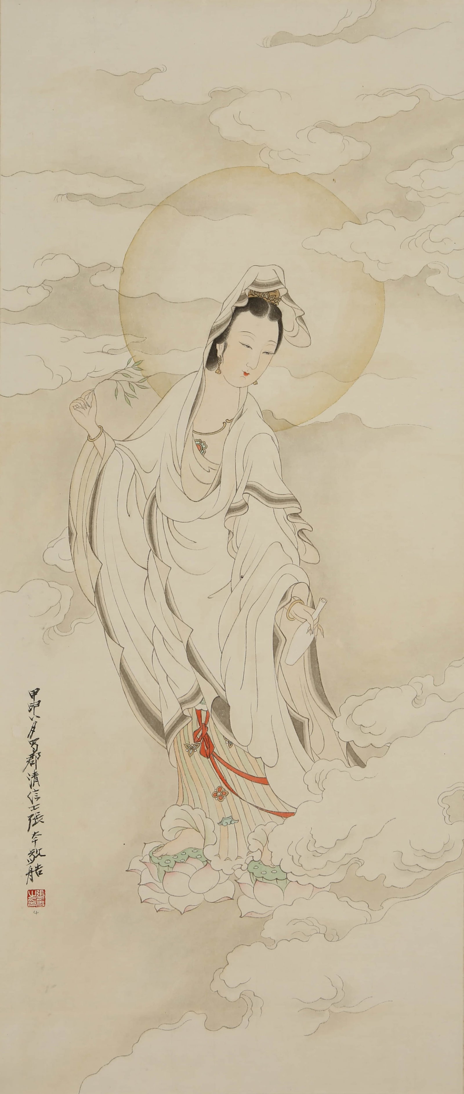 Zhang Daqian Guanyin: 92by39 colored paper vertical shaft