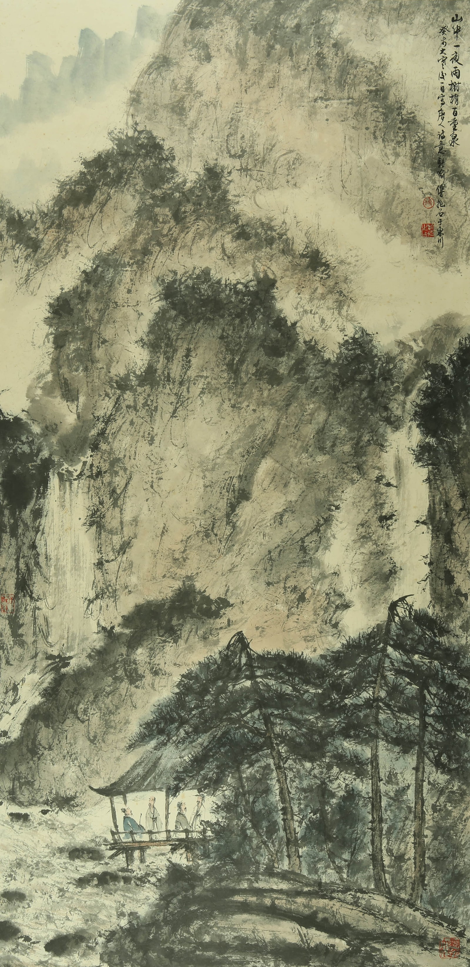 And, after a night of mountain rain, Fu Baoshi: 141by68 colored paper vertical shaft