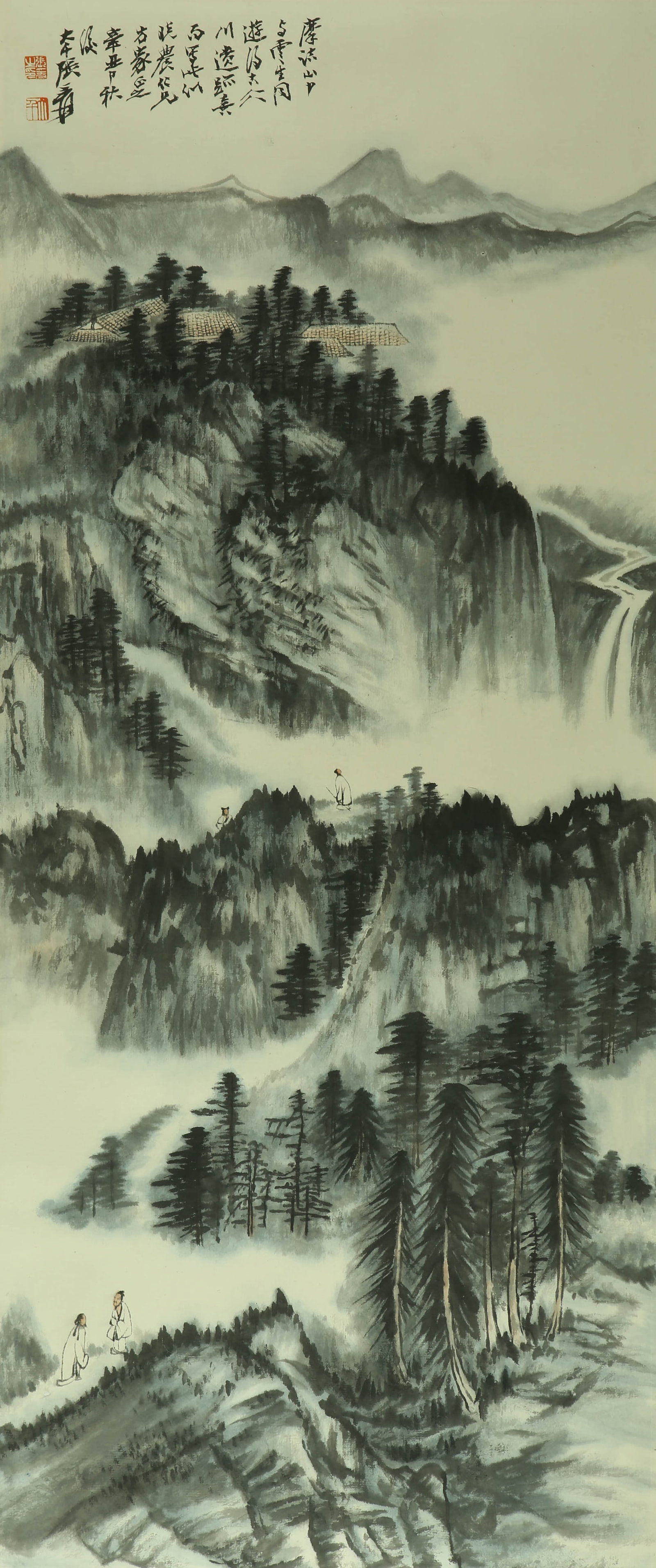 Zhang Daqian's view of the waterfall: 101by43 colored paper vertical axis