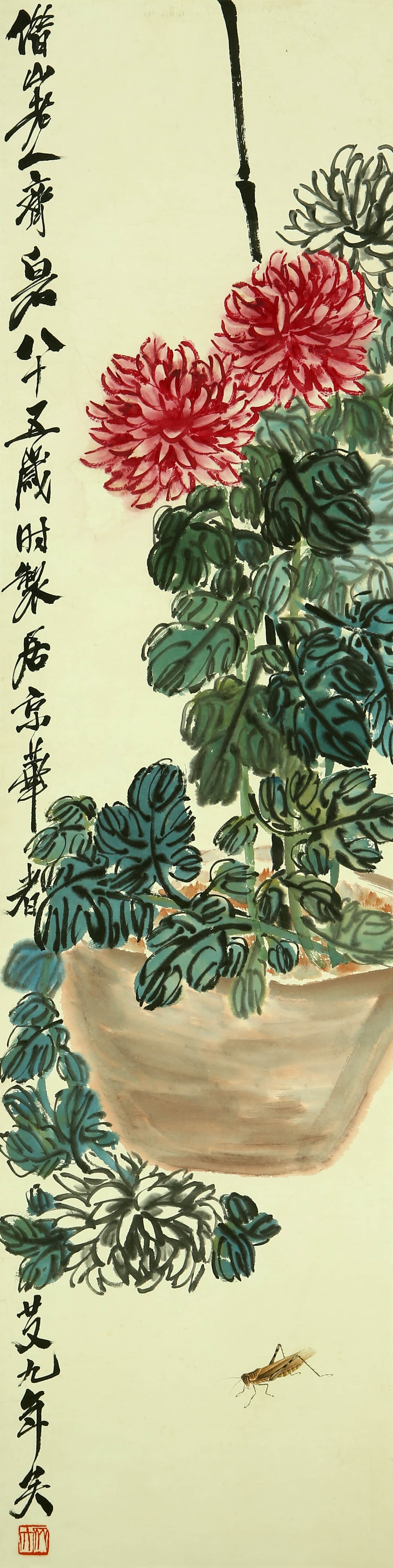 Qi Baishi chrysanthemum grass worm: 121by31 colored paper vertical shaft