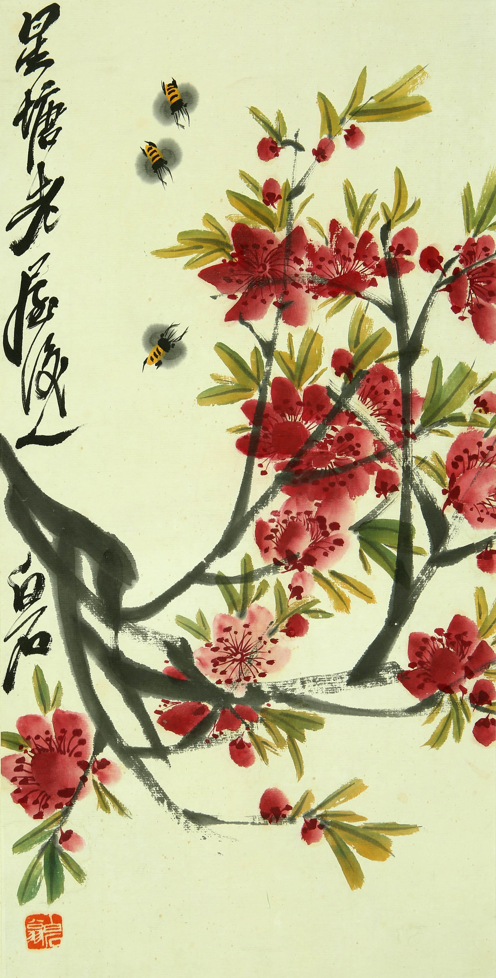 Qibaishi peach bee: 49by24 colored paper vertical axis