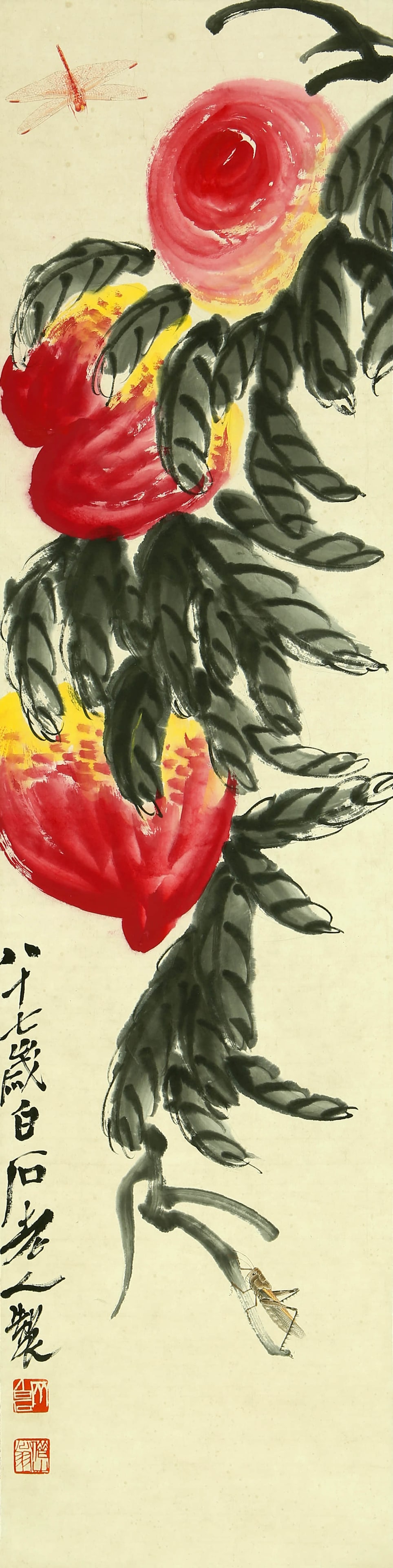 Qi Baishi Shoutao: 116by29 colored paper vertical shaft