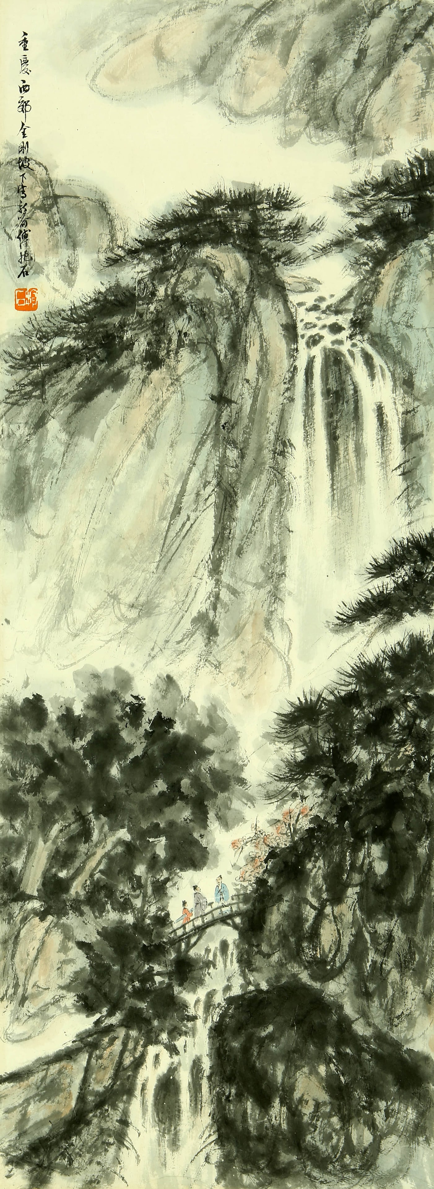 Fu Baoshi visits friends with a piano.: 94by34 colored paper vertical shaft