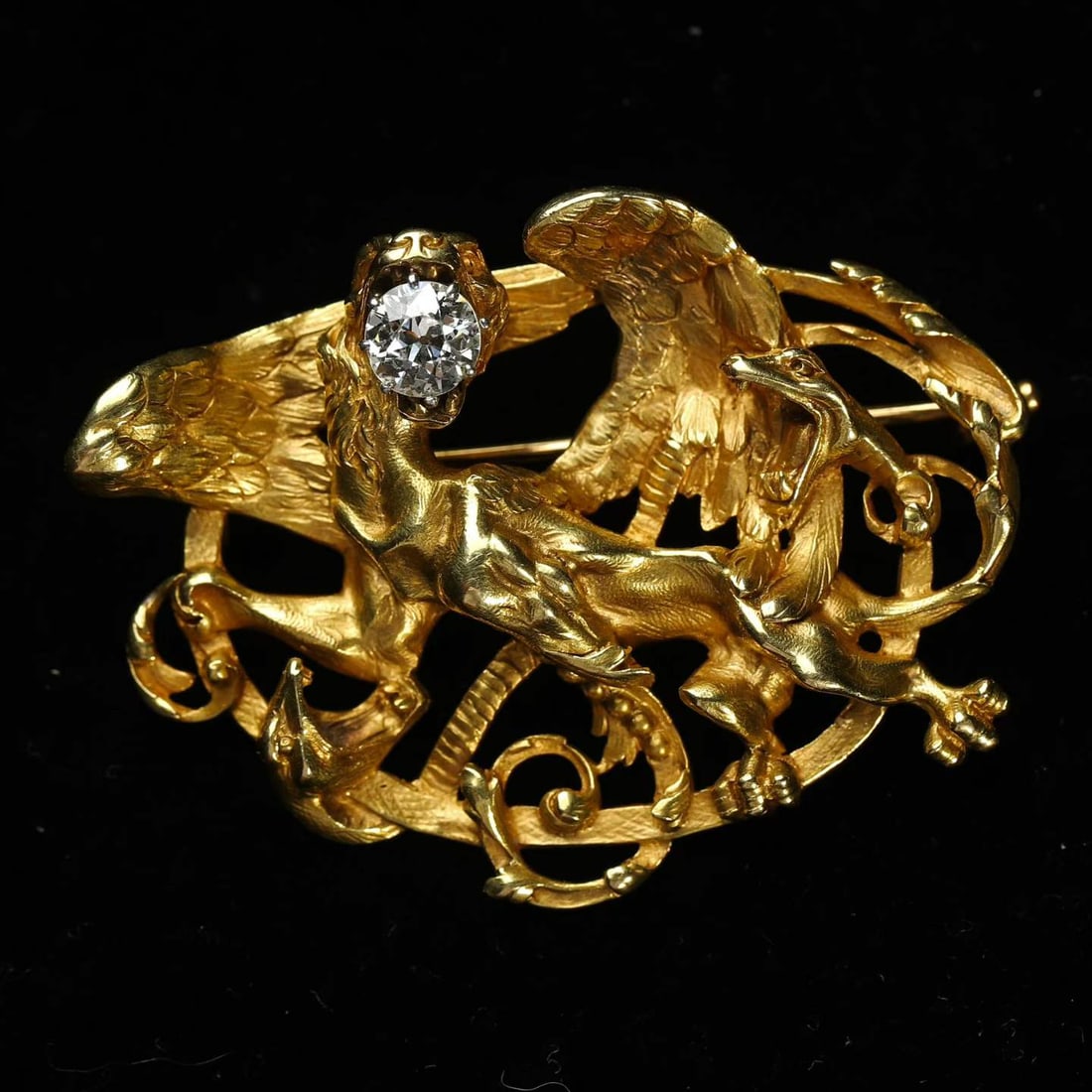 Art Nouveau in the New Art Period (1880-1920) French old cut diamond Chimera gold sculpture brooch (1 of 6)