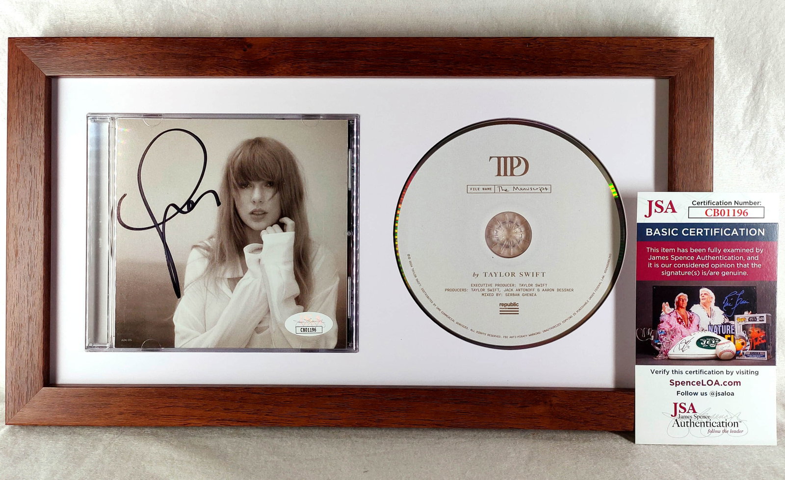 Taylor Swift's. CD album -JSA identification: Taylor Swift, the Queen of Pop,. CD album THE TORTURED POETS DEPARTMENT (framed). The collection album is Taylor Swift's 11th studio album, which was officially released on April 19th, 2024. After the