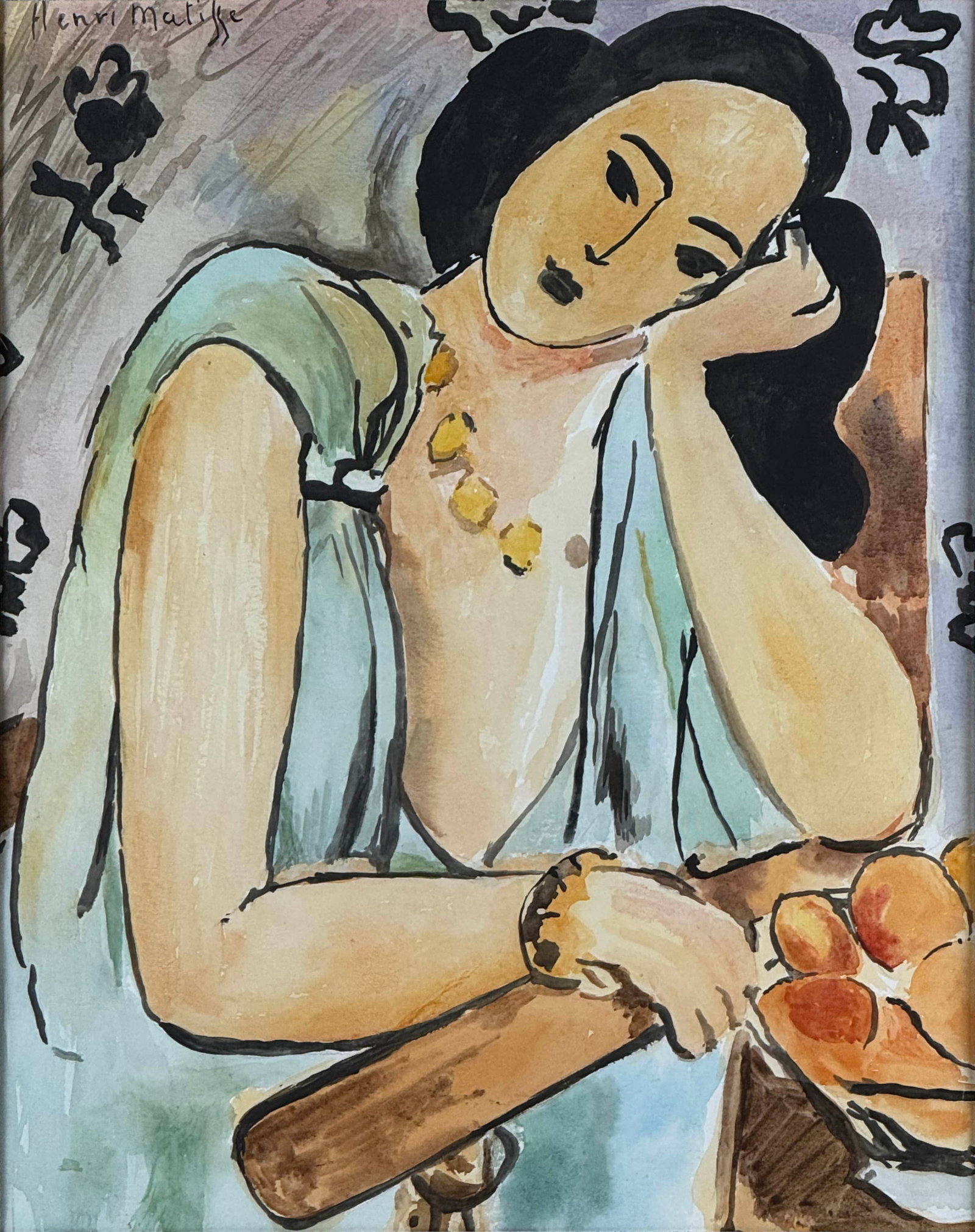 In the style of Henri Matisse Seated Young Woman with an Amber Necklace: 39 x 30.5 cm In the style of" works are works by an unknown creator whose style is strongly under the influence of the style of the named master artist