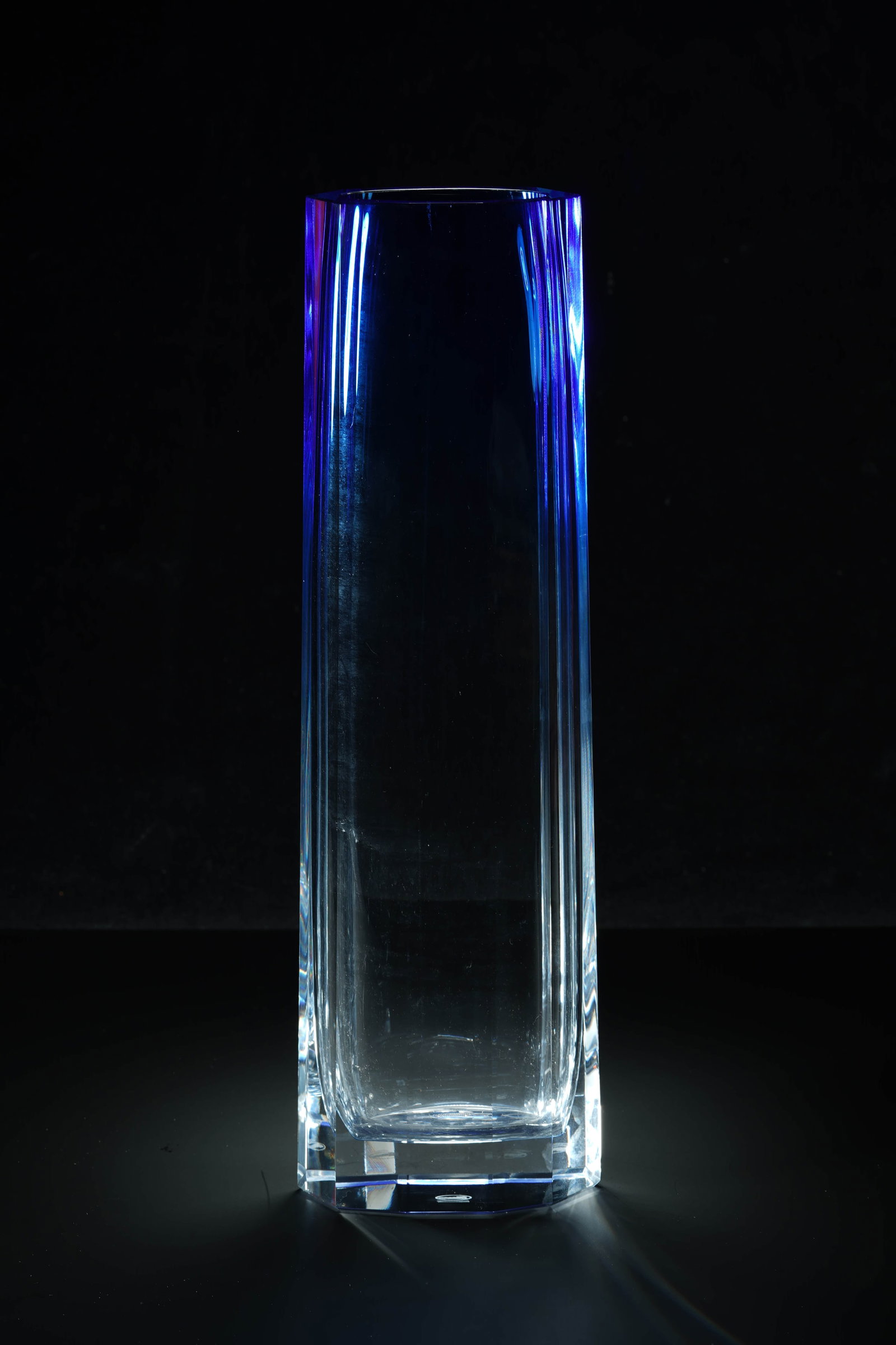 This Art Deco MOSER crystal blue vase in Czech Republic.: Year: 1980s.Style: Art Deco styleMaterial: crystal glassBrand logo: MOSER (see bottom)Size: about 40 cm high.Origin: MOSER Crystal Factory, Czech Republic (1857-present)Introduction: This large decora