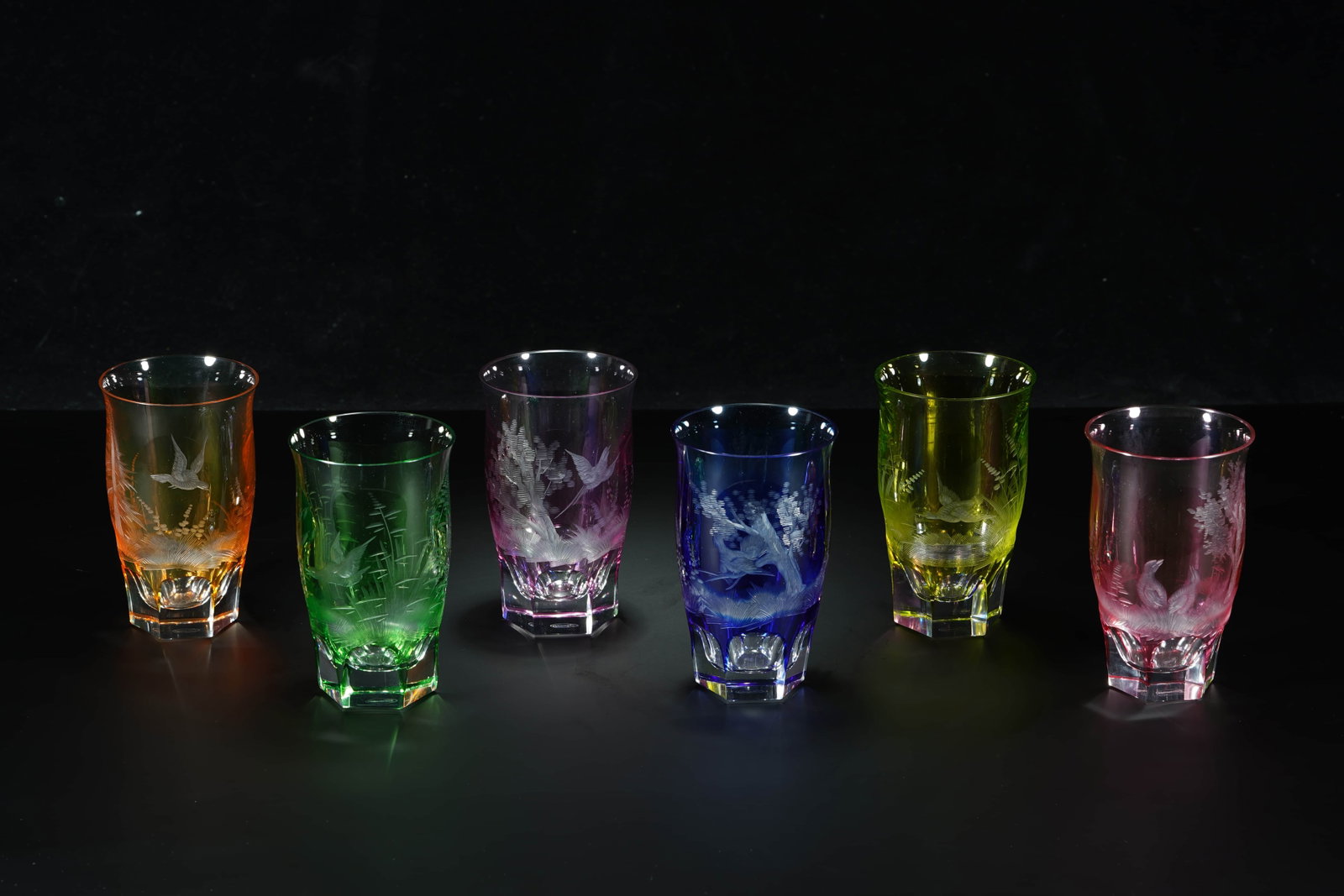 These six Art Nouveau Czech MOSER crystal colored wine glasses: Year: 1980s.Style: Art Nouveau styleMaterial: crystal glassBrand logo: MOSER (see bottom)Size: height 11.5cm.Origin: MOSER Crystal Factory, Czech Republic (1857-present)Introduction: These six Czech M