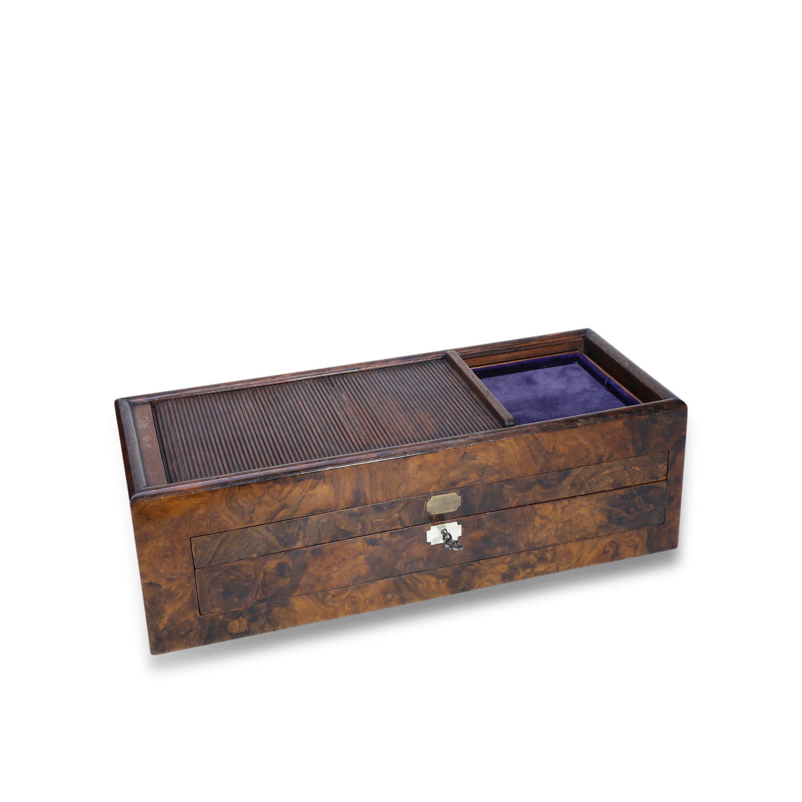 British mahogany shadow wood three-layer large jewelry box: Name: British mahogany shadow wood three-story large jewelry boxYear: 1900Material: mahogany, shadow wood, brassSize: 12.5 X 40 X height 16.5 cmCountry of origin: BritainBrief introduction: This large