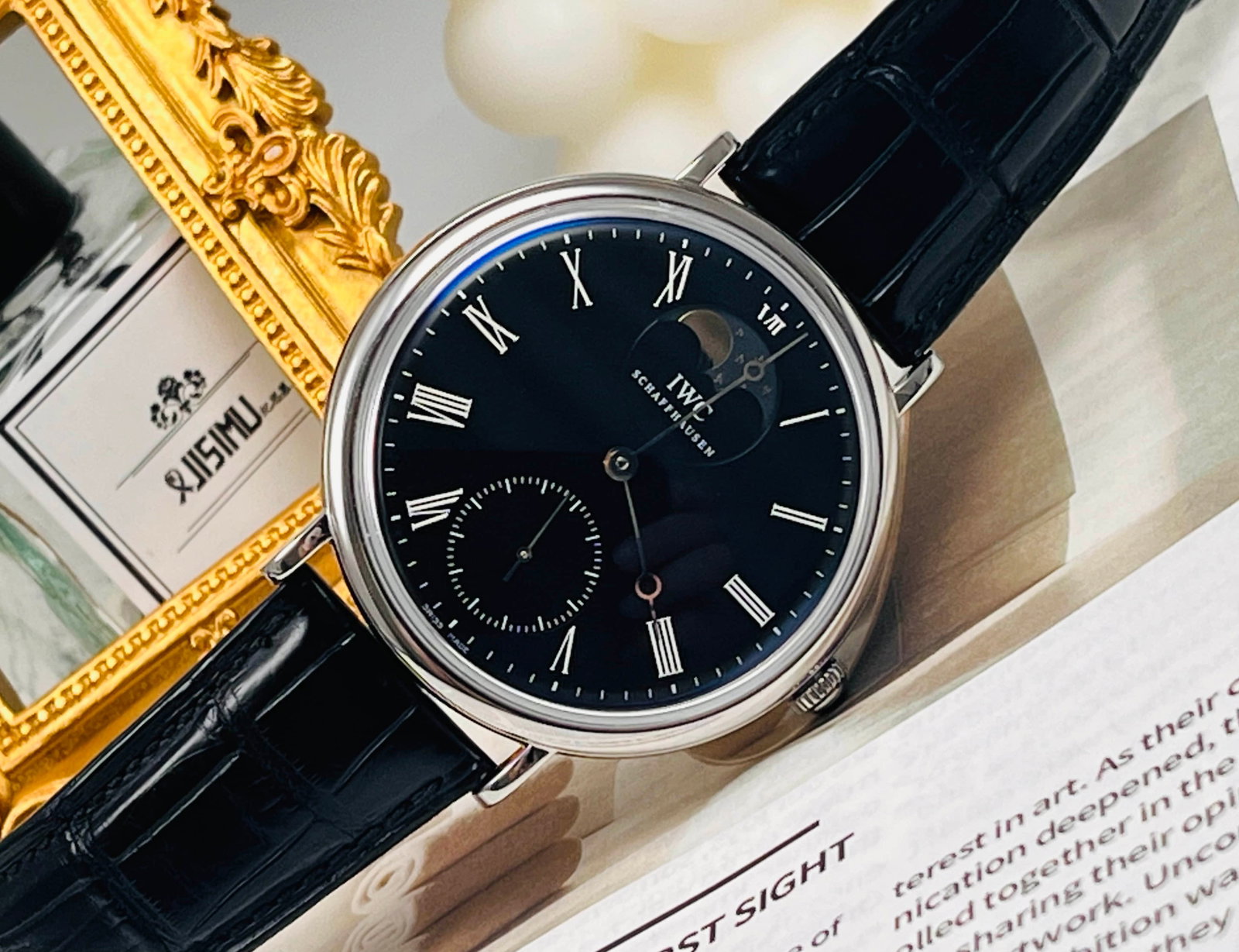 IW544801, a replica series of watches.: IW544801 Original Folding Buckle Classic Portofino Moon Phase Watch 46mm fine steel Case Black Roman numeral dial Manual winding movement 46-hour power reserve.