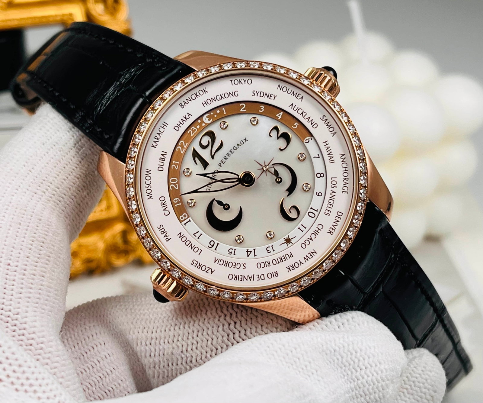 Zippo. Universal Time 49860D52A761-KK7A original diamond automatic mechanical ladies watch: Zhibai. Universal Time 49860D52A761-KK7A original diamond automatic mechanism ladies' watch 41mm diameter red gold case World Time/power reserve display function Fritillaria surface.
