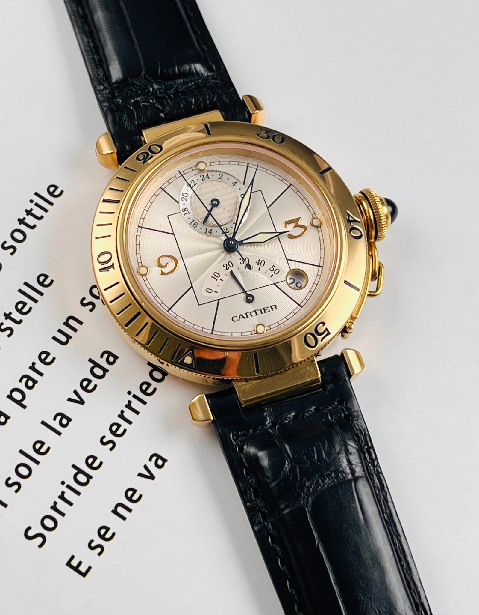 Cartier. Pasha de Cartier Time Zone Watch: Cartier., Pasha de Cartier Time Zone Watch Model W3014456 38 mm 18K gold case equipped with automatic mechanical movement, time zone display, power storage and date function are both elegant and pract